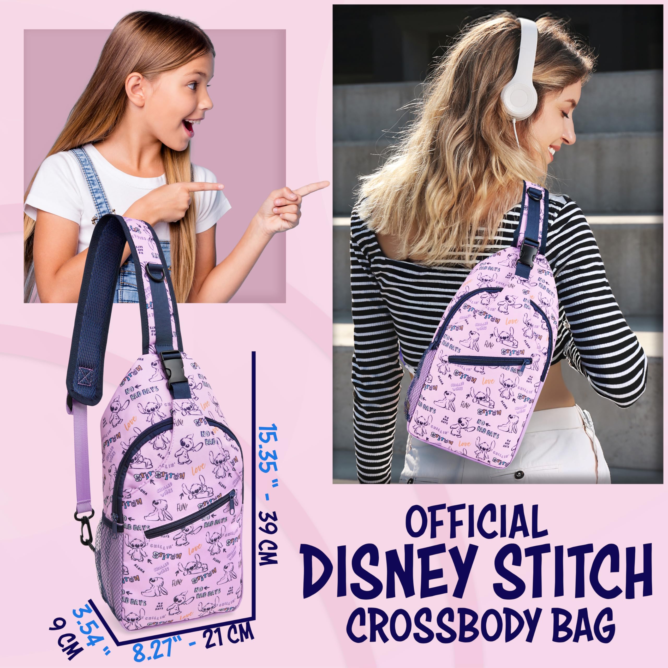 Disney Stitch Borsa Tracolla Bambina, Zaino Monospalla Sling Bag Casual, Borsetta Ragazza con Multitasche e Chiusura Zip