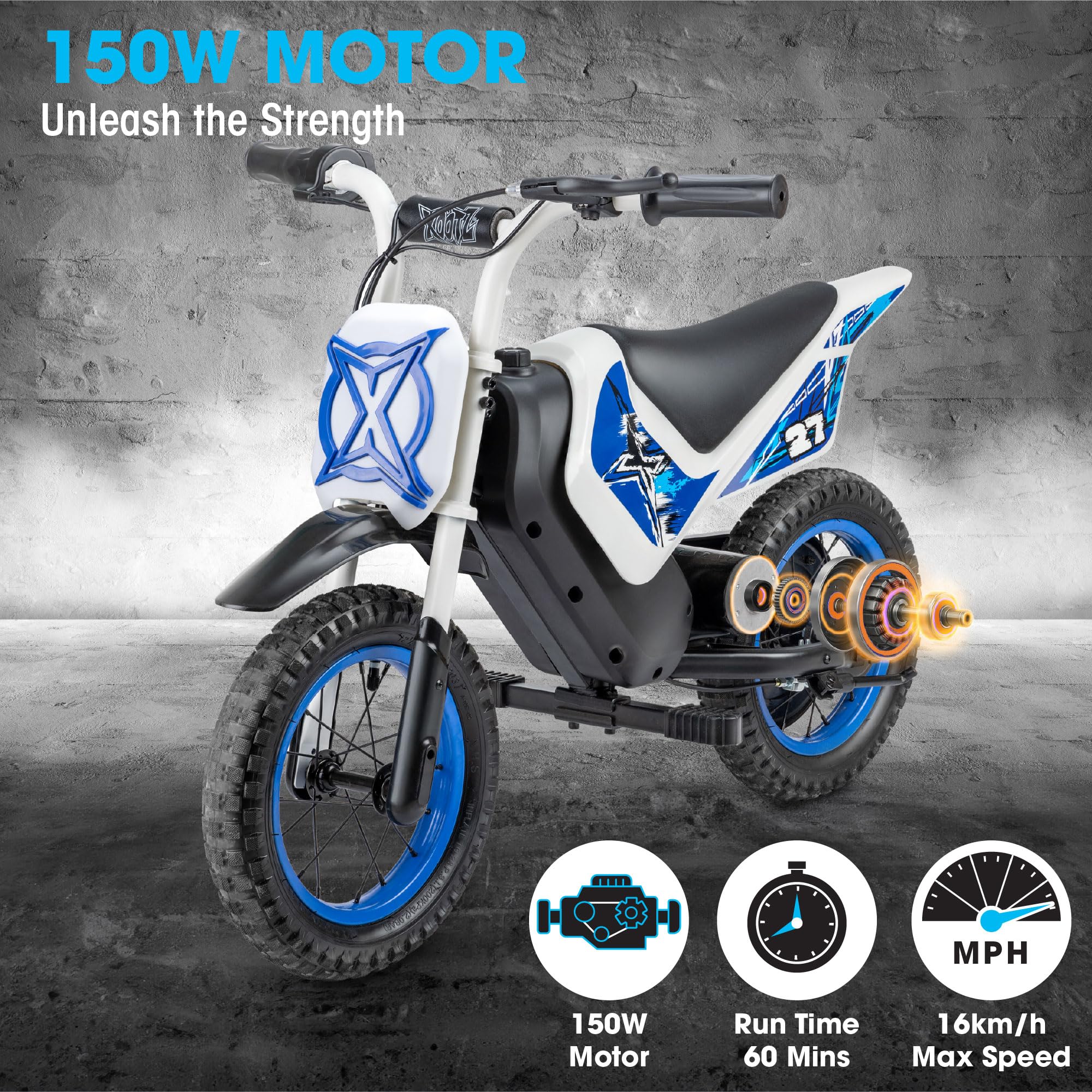 Xootz Cobolt - Moto elettrica per bambini, 150 W, 8/16 km/h, modalità di velocità, batteria al litio da 14,4 V, freno a mano, sedile imbottito e parafanghi, regalo per moto