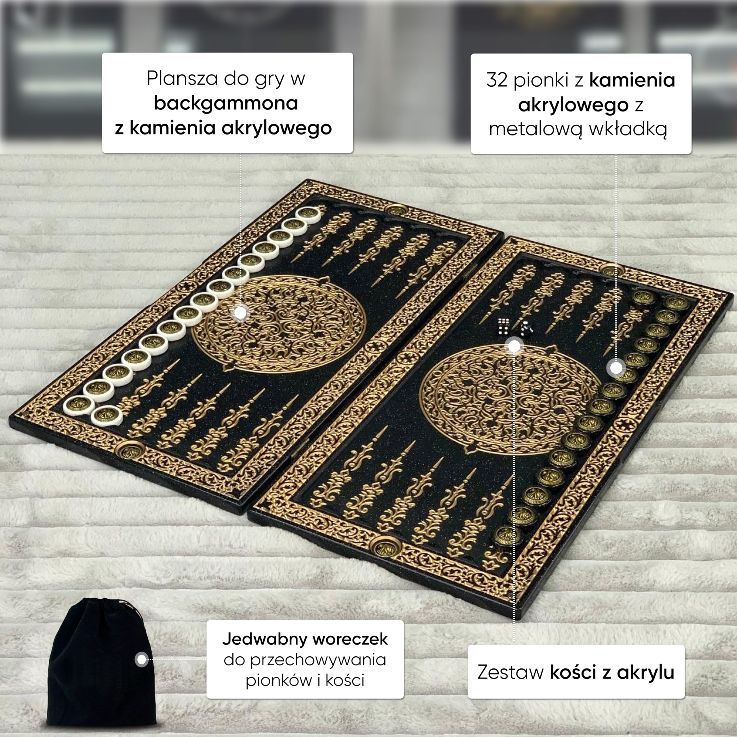 Luksusowy backgammon z kamienia akrylowego – ręcznie robiona gra strategiczna 47 × 23 cm torba i wartość edukacyjna Rozmiar: 47 cm (18,5 cala)