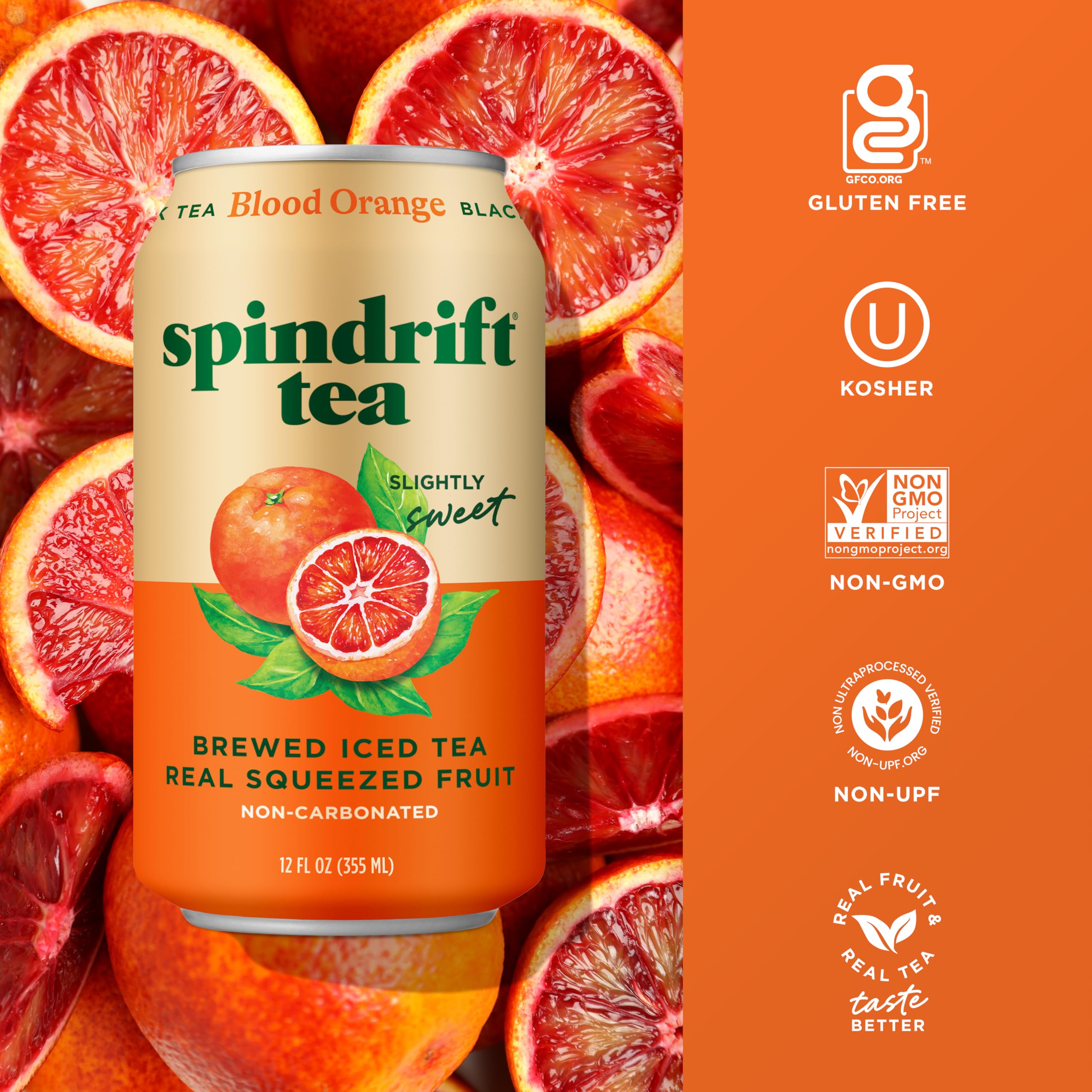 Spindrift Brewed Iced Tea, Blood Orange Black Tea, Made with Real Squeezed Fruit, No Carbonation, 12 Fl Oz Cans, Pack of 12 (Only 27 Calories per Can)