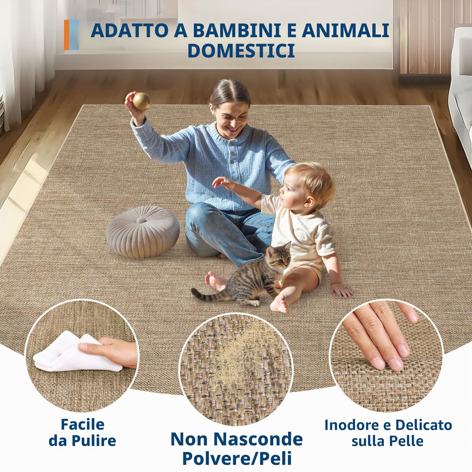 Tappeto effetto iuta per interni ed esterni, 160 x 230 cm, tappeto moderno in tinta unita con fondo antiscivolo, lavabile, a pelo piatto, neutro, per soggiorno, camera da letto, colore lino