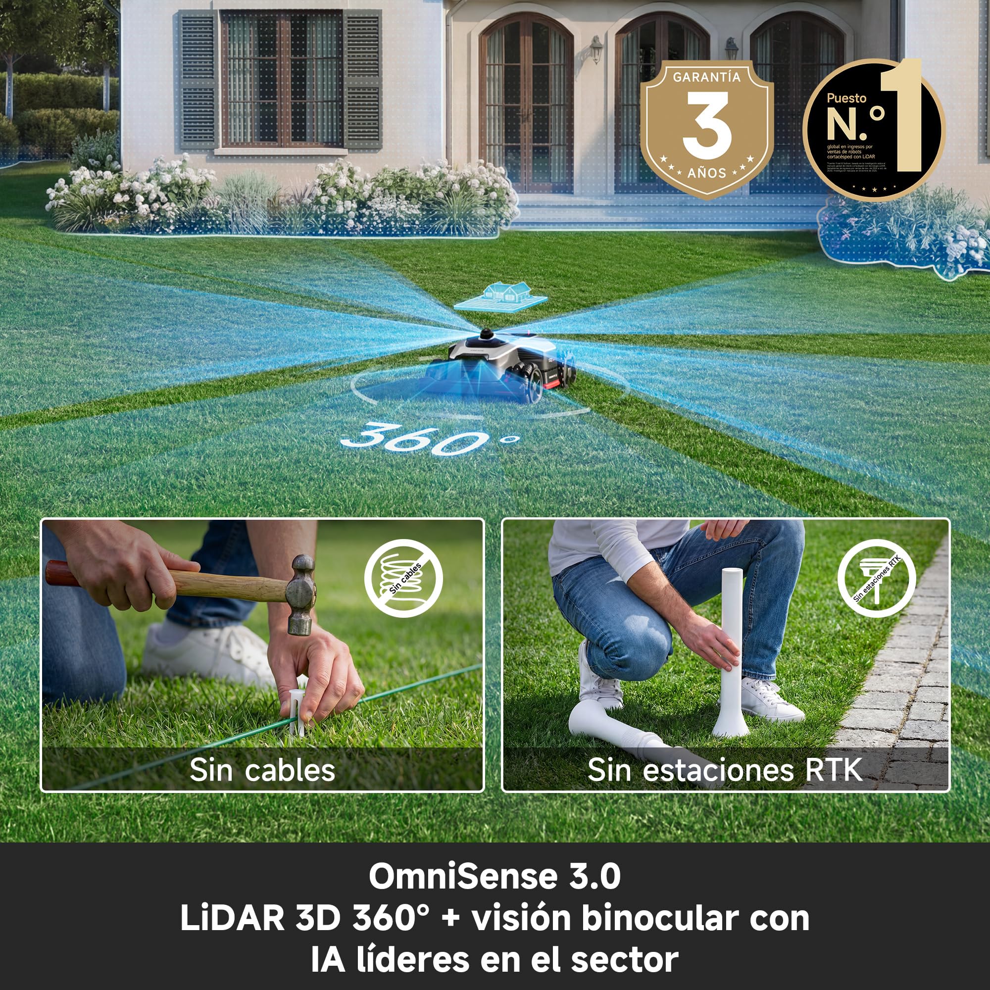DREAME A3 AWD 2000 Robot Cortacésped sin RTK, LiDAR 3D y Visión Dual con IA | Cubre 2000㎡, Motores de Buje AWD, 80% (38,7°) de Pendiente y Obstáculos de 5,5cm, EdgeMaster: Cortado de Bordes de＜5cm