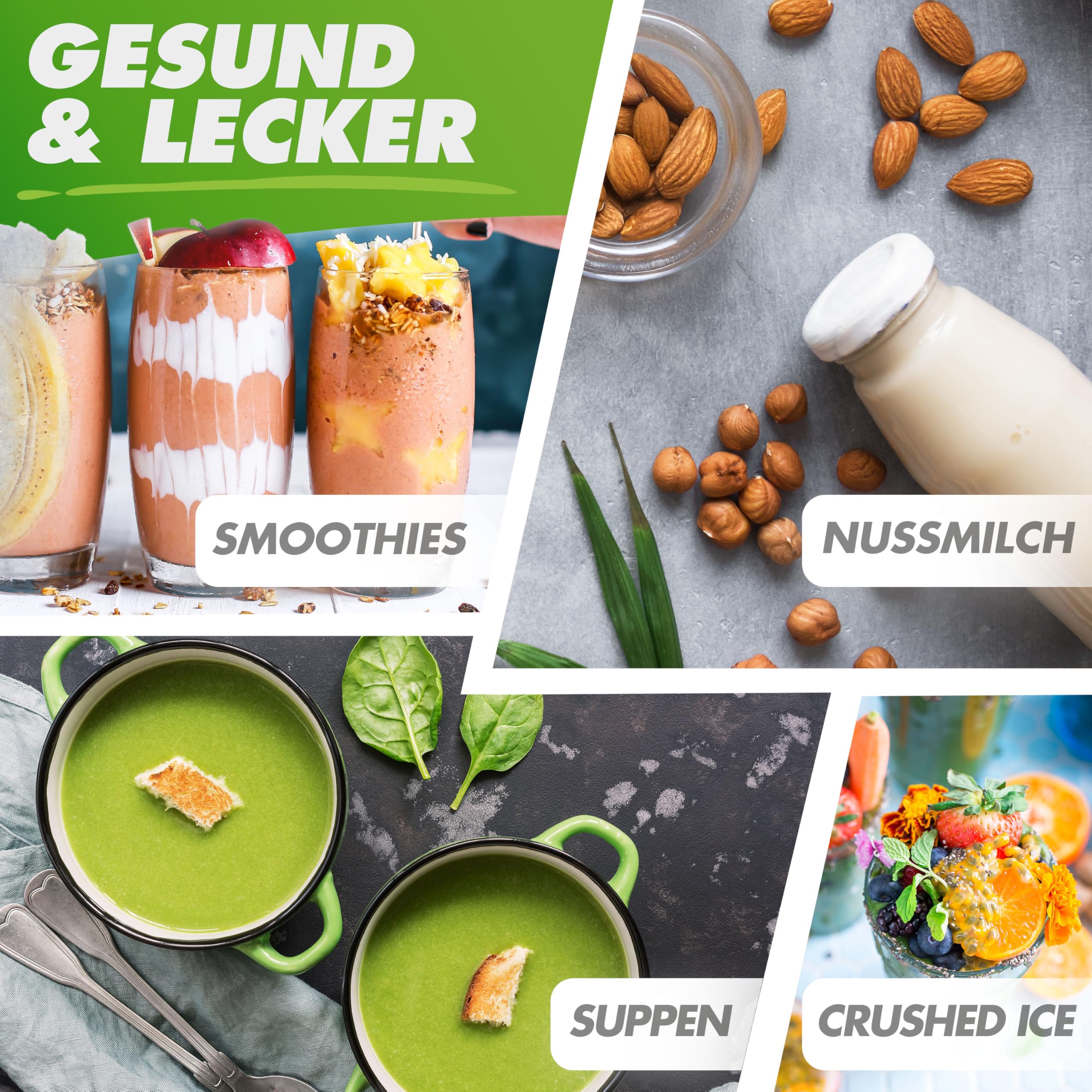 NUTRI-BLENDER GLAS mikser stojący o wysokiej wydajności, 1300 W, mikser do smoothie, profesjonalny blender, szklany pojemnik 1,75 l, obudowa ze stali nierdzewnej, 4 ostrza, nie zawiera BPA, cichy