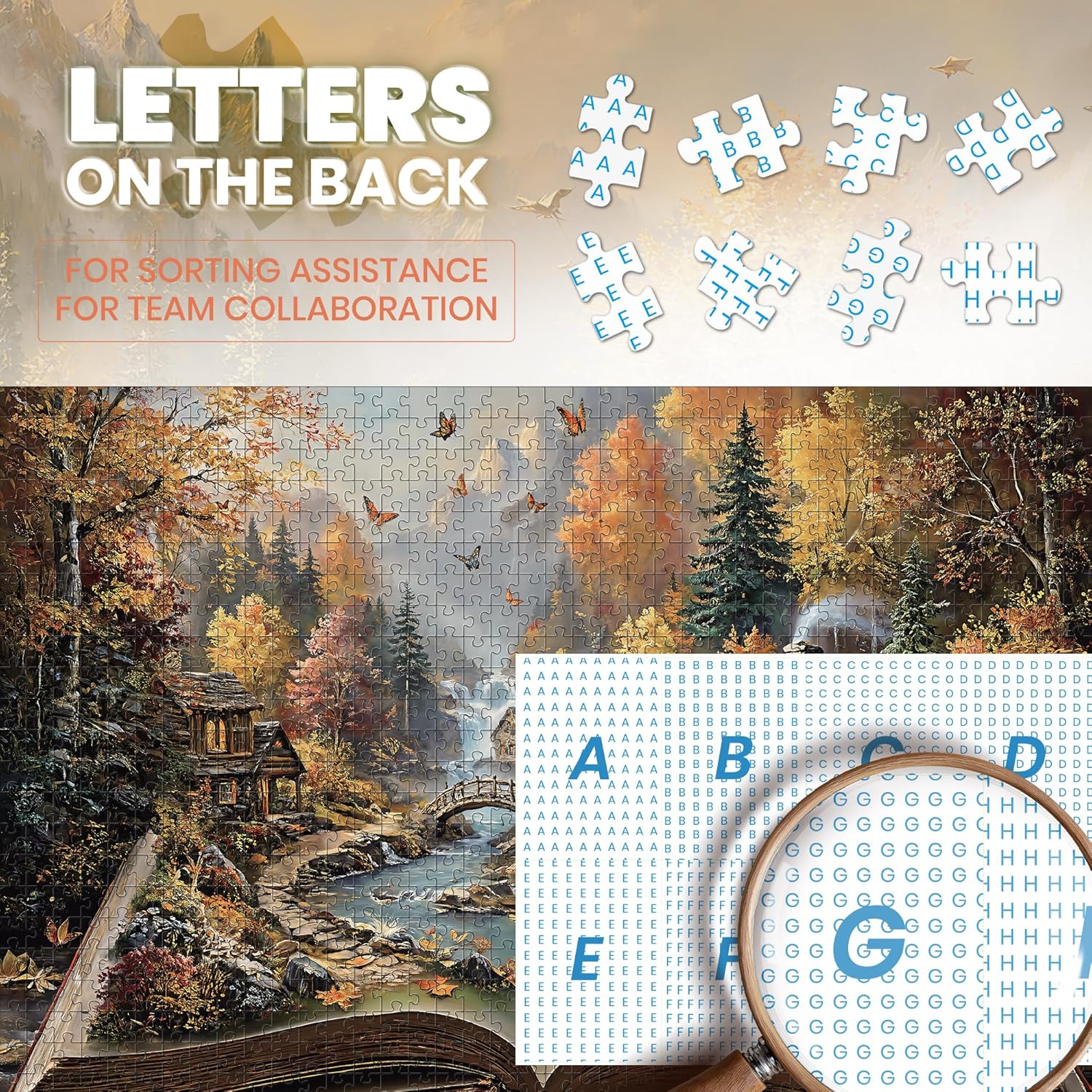 Puzzles for Adults 1000 Pieces, Magic Book Fantasy Autumn Forest Nature Landscape, 1000 Piece Puzzle for Adults Seniors, Hard Jigsaw Puzzles with Letters on Back, 1:1 Poster