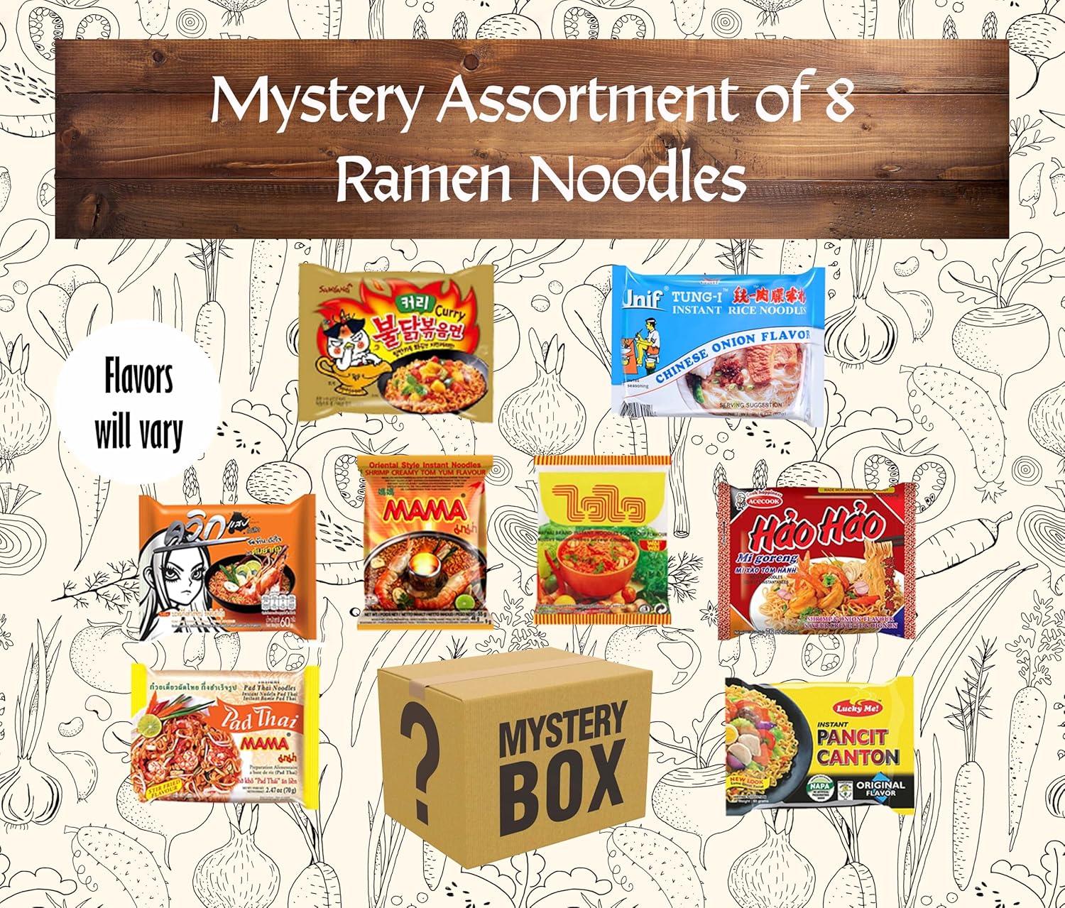 High Class Grass Ramen Care Package with Toppings, 8 Instant Noodles with Dehydrated Vegetable Flakes