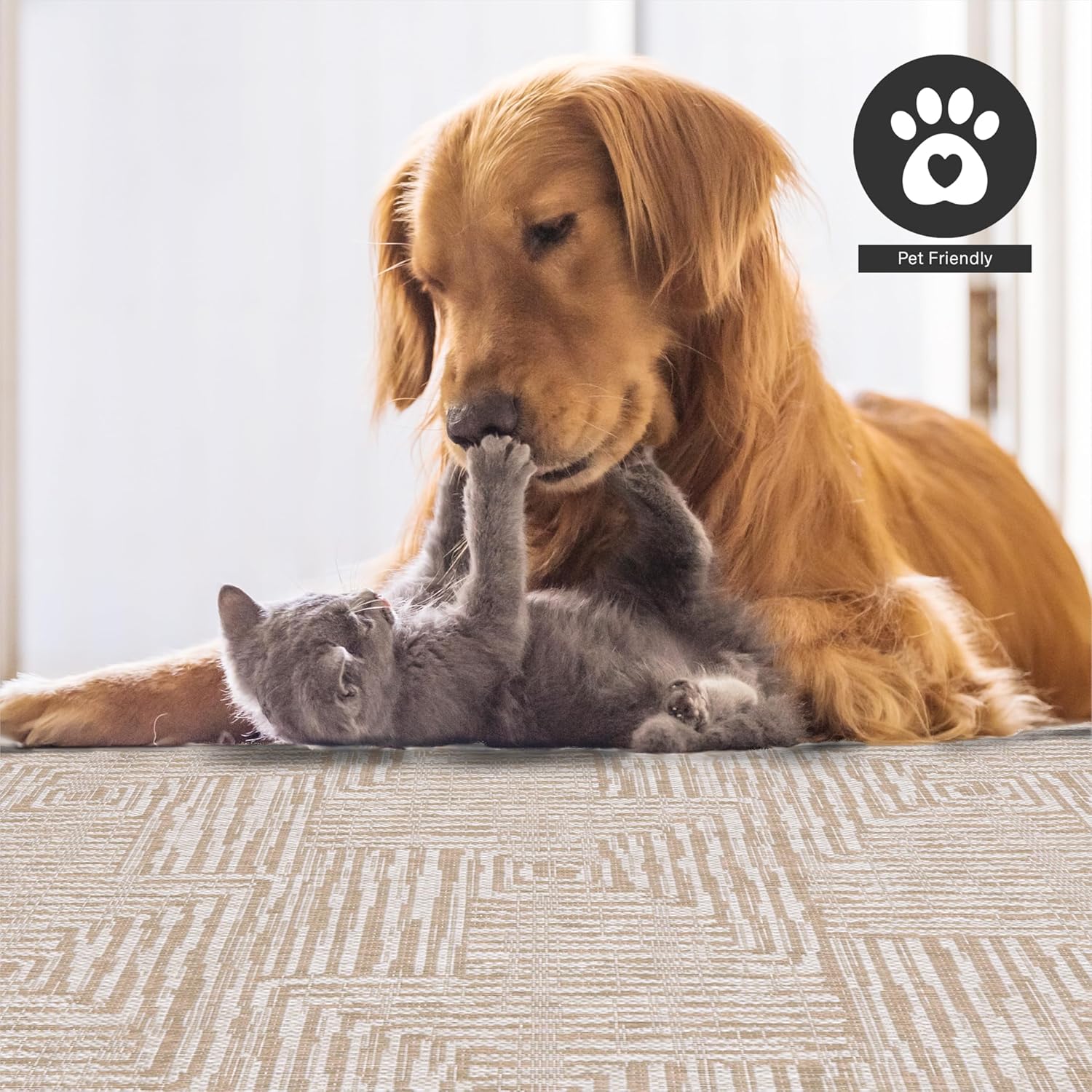 FH Home Flat Woven Outdoor Rug - Waterproof, Easy to Clean, Stain Resistant - Premium Polypropylene Yarn - Modern Geometric - Patio, Porch, Deck, Balcony - Budapest - Beige - 5ft 2in x 7ft 6in