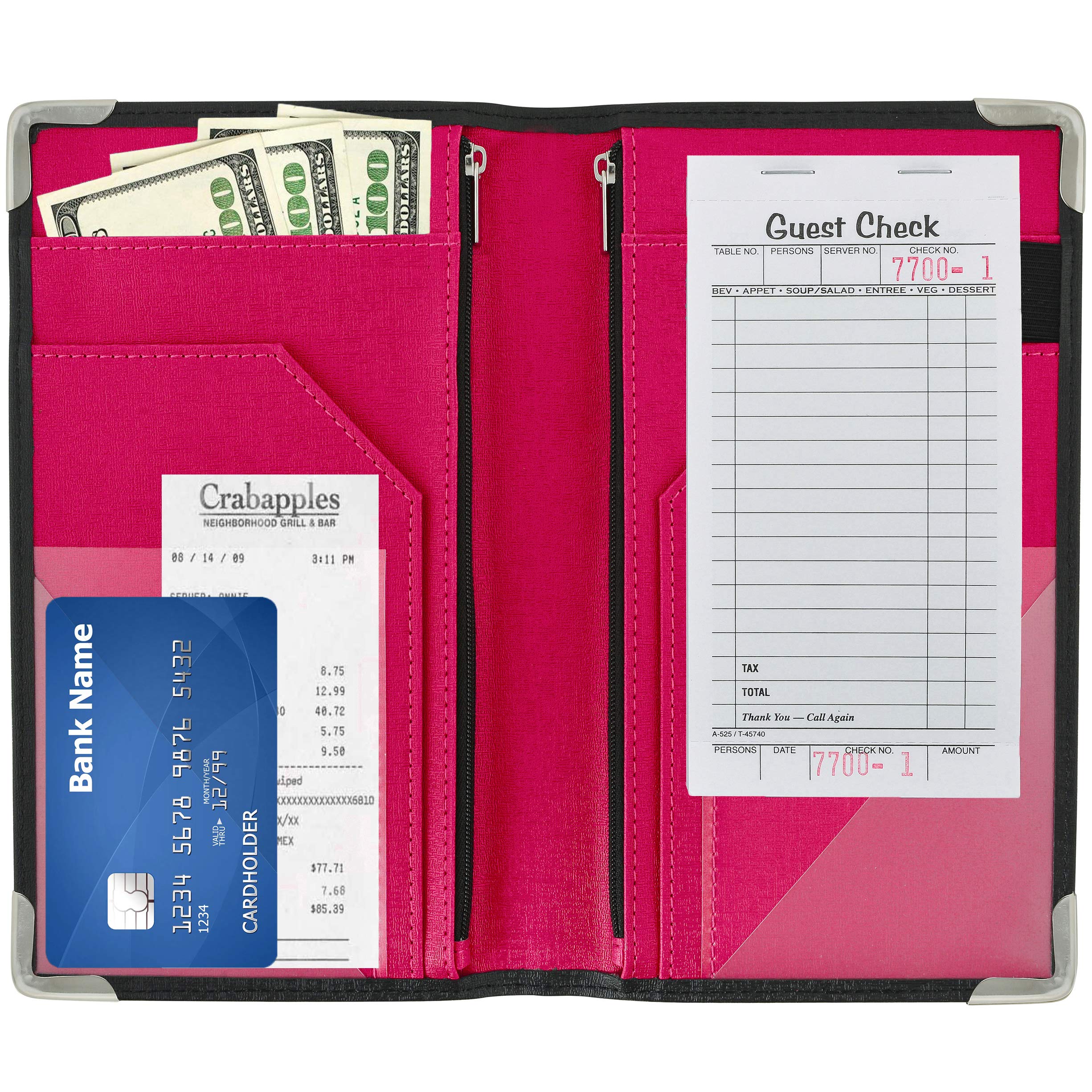 Server Book for Waitress & Waiter 9ââ‚¬Â x 5ââ‚¬Â, Two Zipper Pockets & ID Holder, Premium Receipt Organizer Wallet Fits Aprons, 11 Money Pockets Perfect for Server Banking (Black/Magenta)