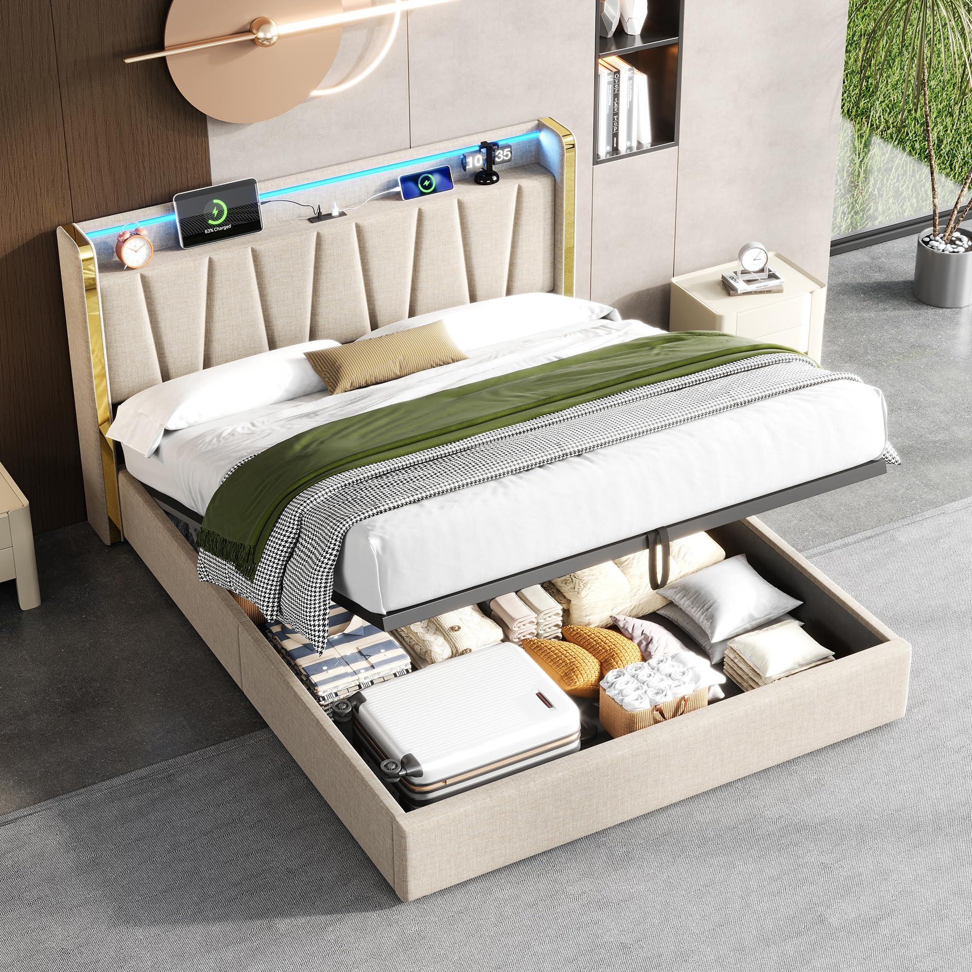Ball & Cast 4ft6 Double Upholstered Bed Frame with Hydraulic Storage, LED Headboard with Charging Station and Chrome Trim, USB and Type - C Ports, Linen, No Box Spring Needed, Beige (No Mattress)