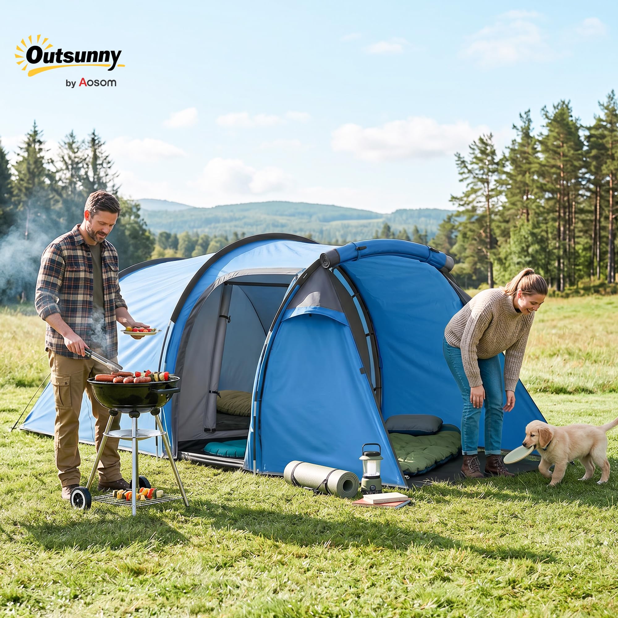Outsunny Namiot tunelowy dla 2-3 osób, z wszytą płytą podłogową, otworami wentylacyjnymi, deszczówką, kolumną wody 2000 mm, namiot kempingowy z 1 sypialnią, wbudowany ganek, powierzchnia mieszkalna na