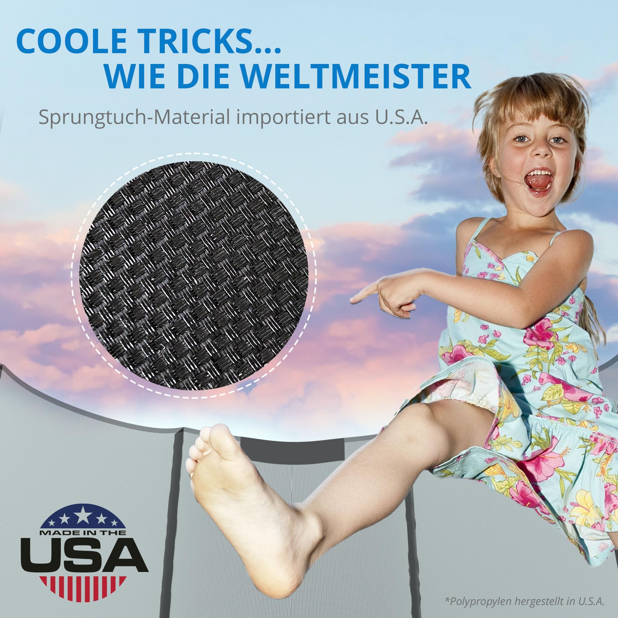 KINETIC SPORTS Trampolin Outdoor 'Salto Plus' Ø 183/244/305/366/400/430/490 cm - Komplett-Set für Kinder, USA Sprungtuch, Netz, Randpolster, Leiter