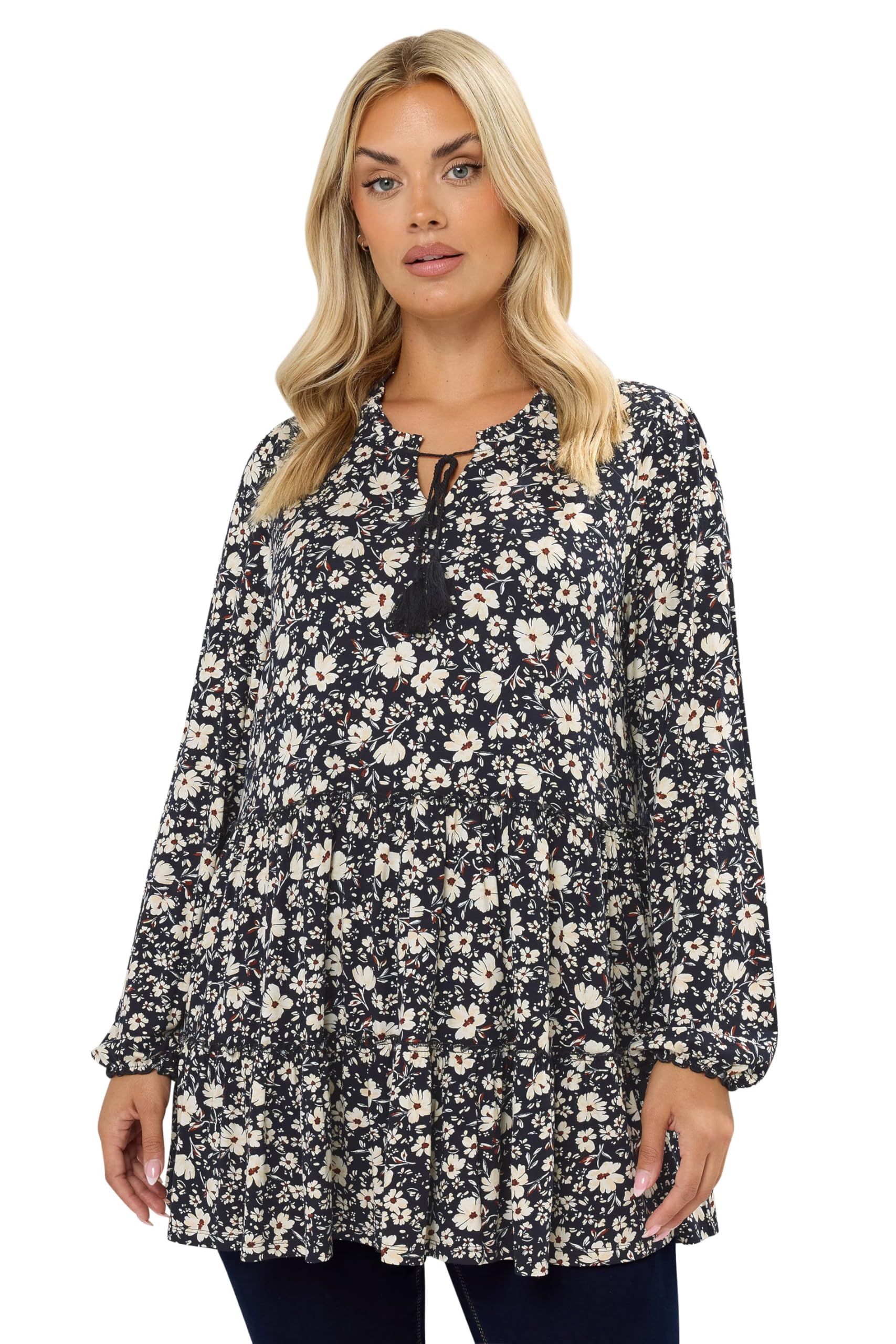 Yours Women's Black Curve Floral Tie Neck Tiered Blouse - Plus Size Curve