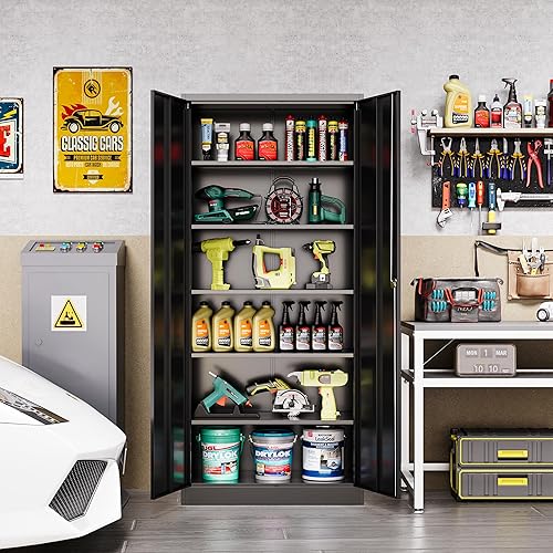 Vista 103 de Gabinete de metal de 72 pulgadas, armario de almacenamiento con bloqueo con 2 puertas y 5 estantes ajustables, gabinete de herramientas de acero