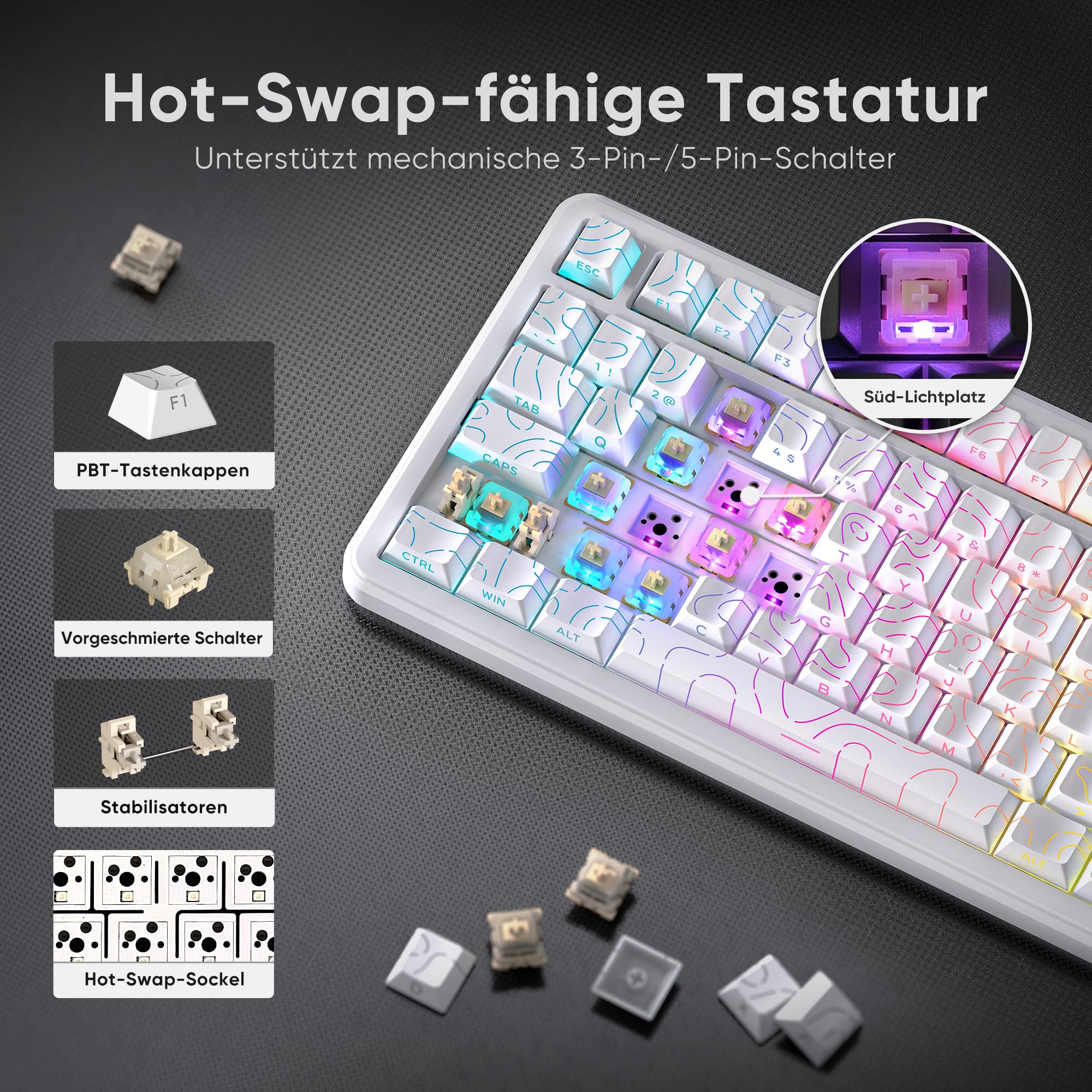 RedThunder K75 Tastiera meccanica da gioco, QWERTY (contorno bianco)