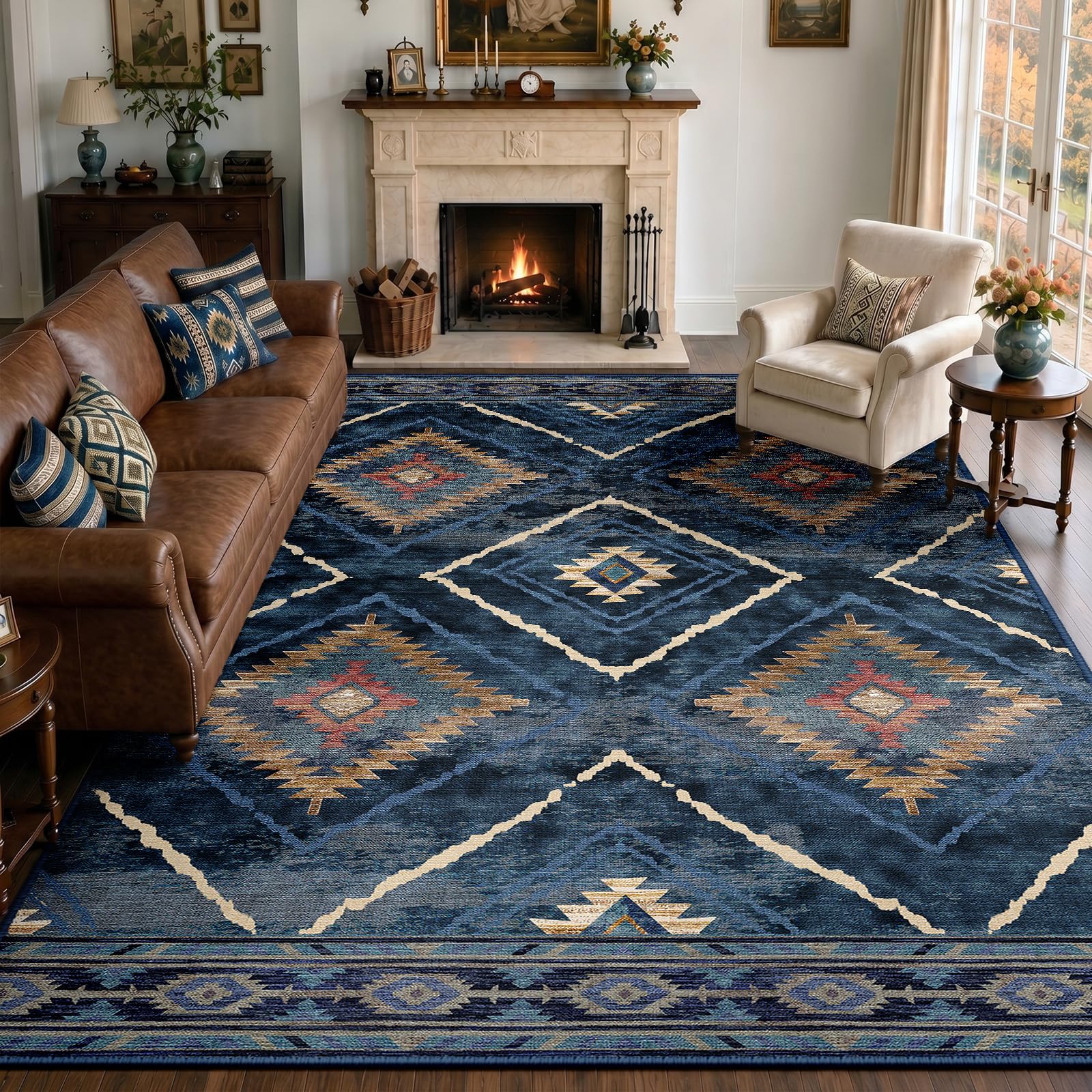 DEFYNEE Teppich Wohnzimmer, Waschbarer Teppich Läufer, Kurzflor, rutschfest, Pflegeleicht, Vintage & Boho Rug für Hund, Flur, Küche, Korridor