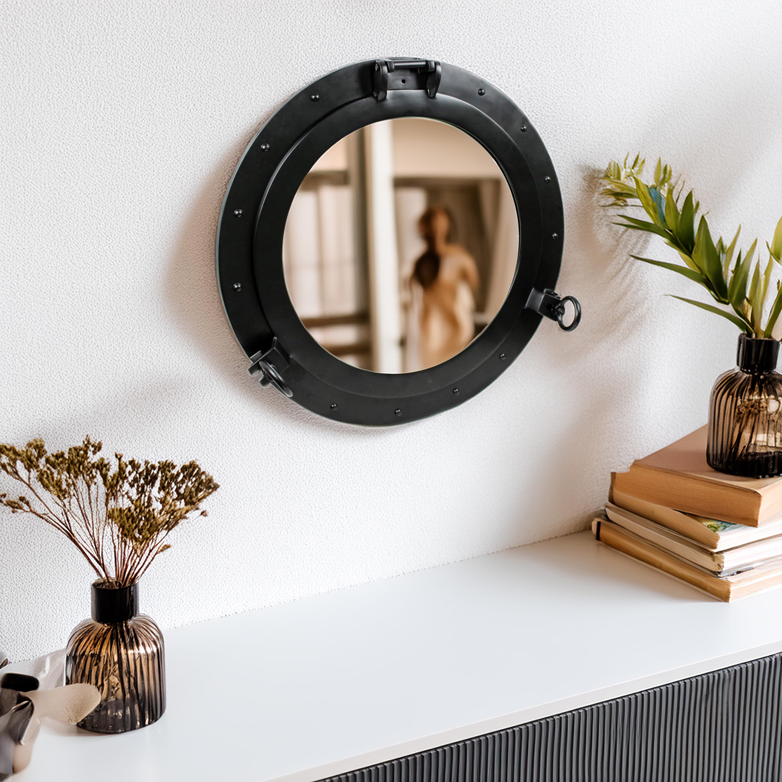 Nagina International Premium Matte Black Nautical Porthole Wall Mounted Mirrors | Maritime Ship's Decor Window