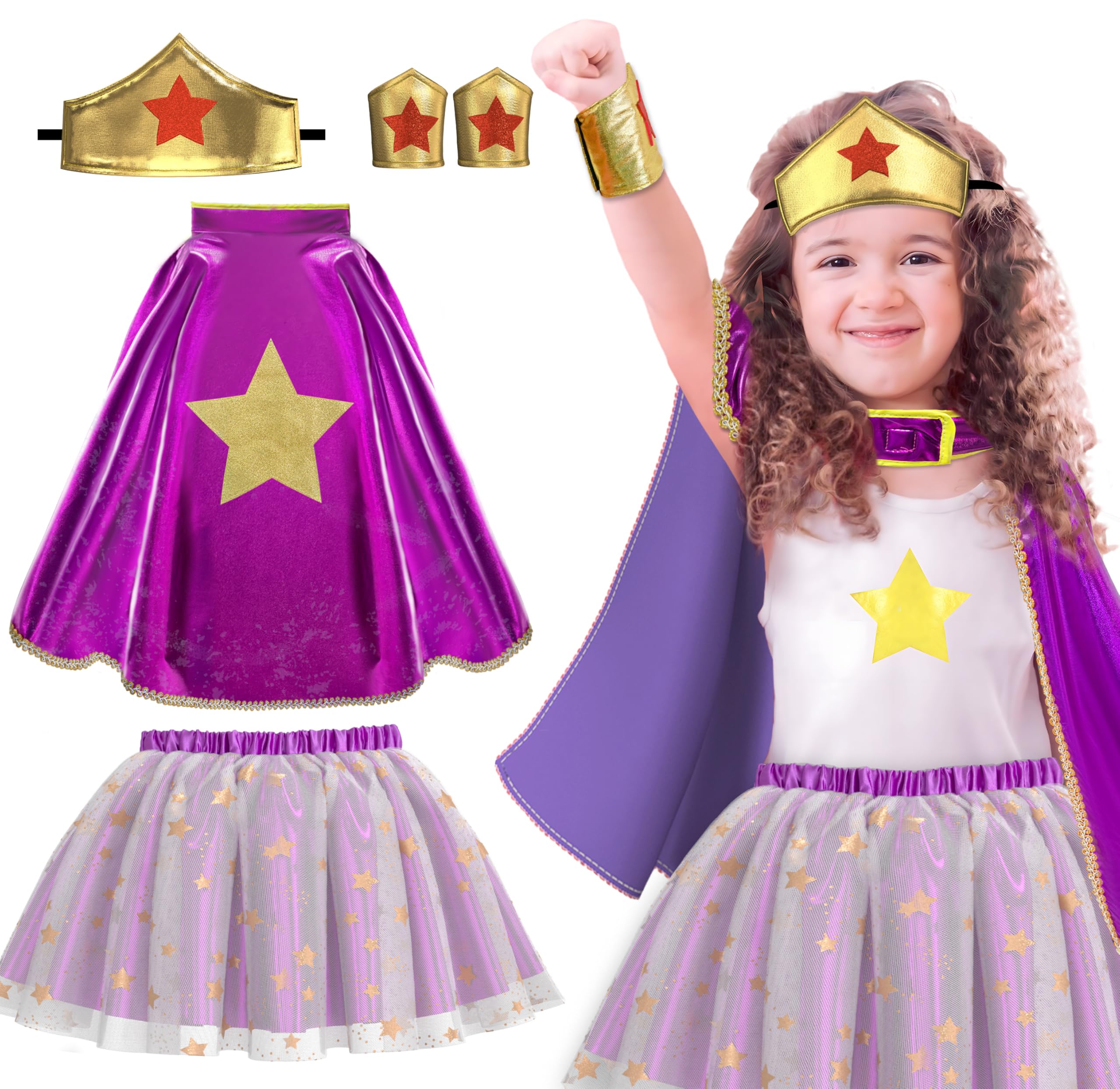 iROLEWIN Wonder Star Superhero-Costumes for Girls Dress-Up Super-Hero-Capes for Kids Tiara Tutu as Christmas Birthday Gifts