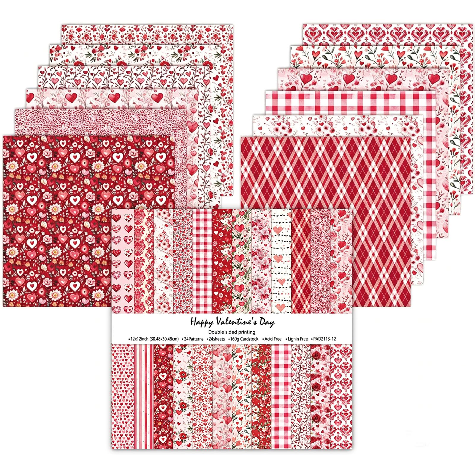 24 Sheets 12x12inch Scrapbook Paper, Double Sided Floral Paper (Red)