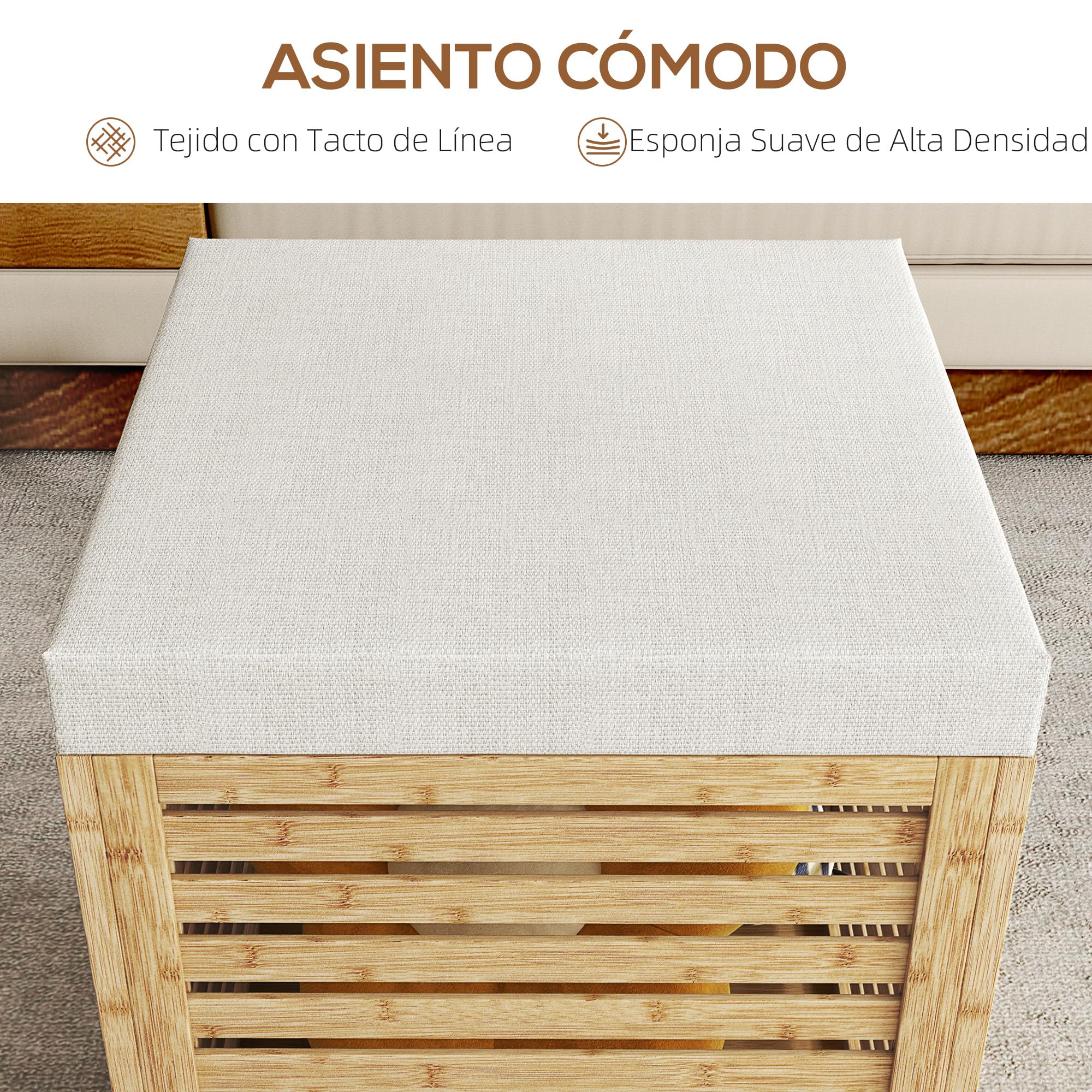 HOMCOM Baúl de Almacenaje para Dormitorio 54,7L Taburete de Almacenaje Tapizado en Lino Sintético con Cojín Marco de Bambú para Entrada Salón 40x40x47 cm Gris y Natural