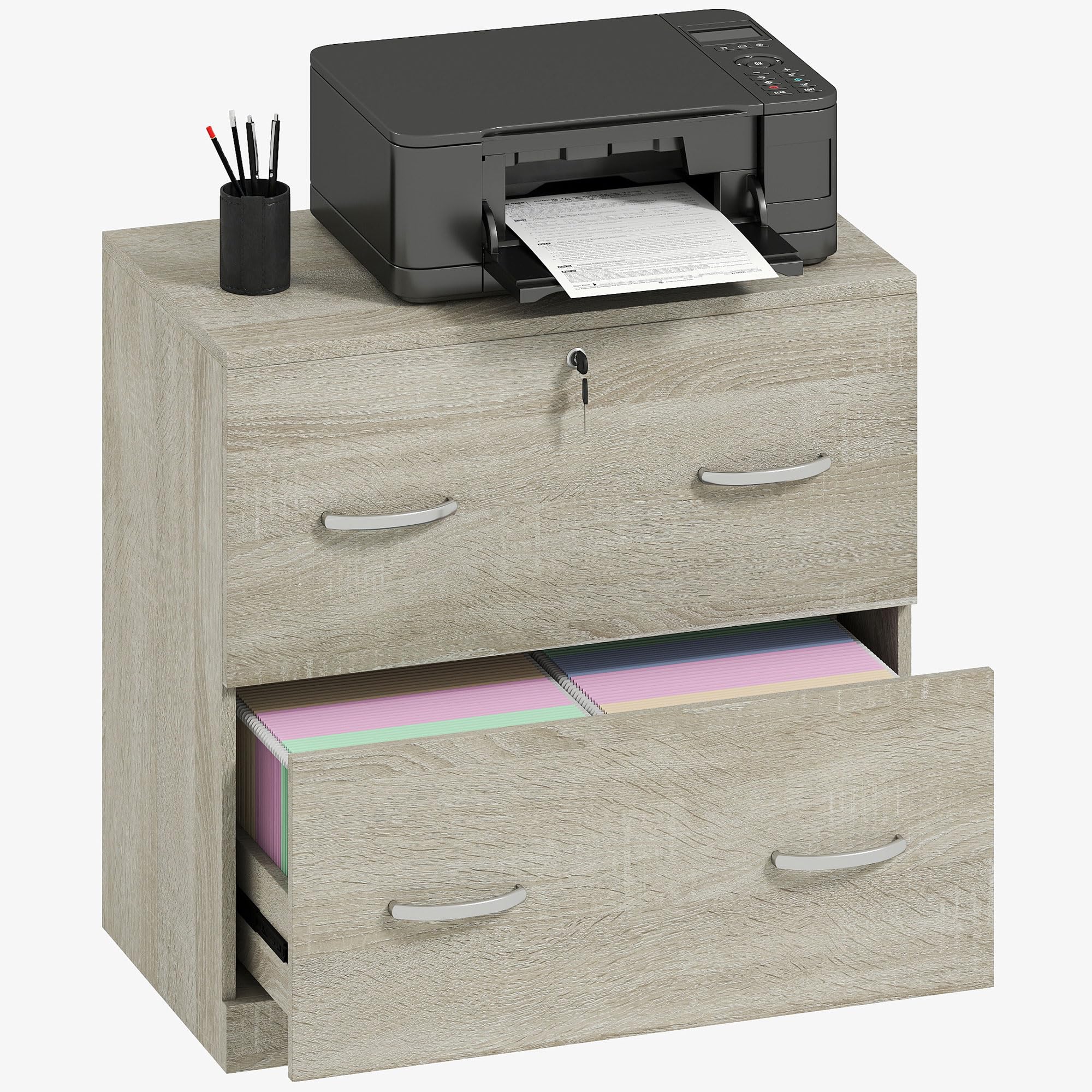 Vinsetto Cajonera de Escritorio con 2 Cajones Cajonera de Oficina con Guías para Carpetas Colgantes para A4 Cerradura y 2 Llaves para Estudio Salón 77x42x72 cm Natural