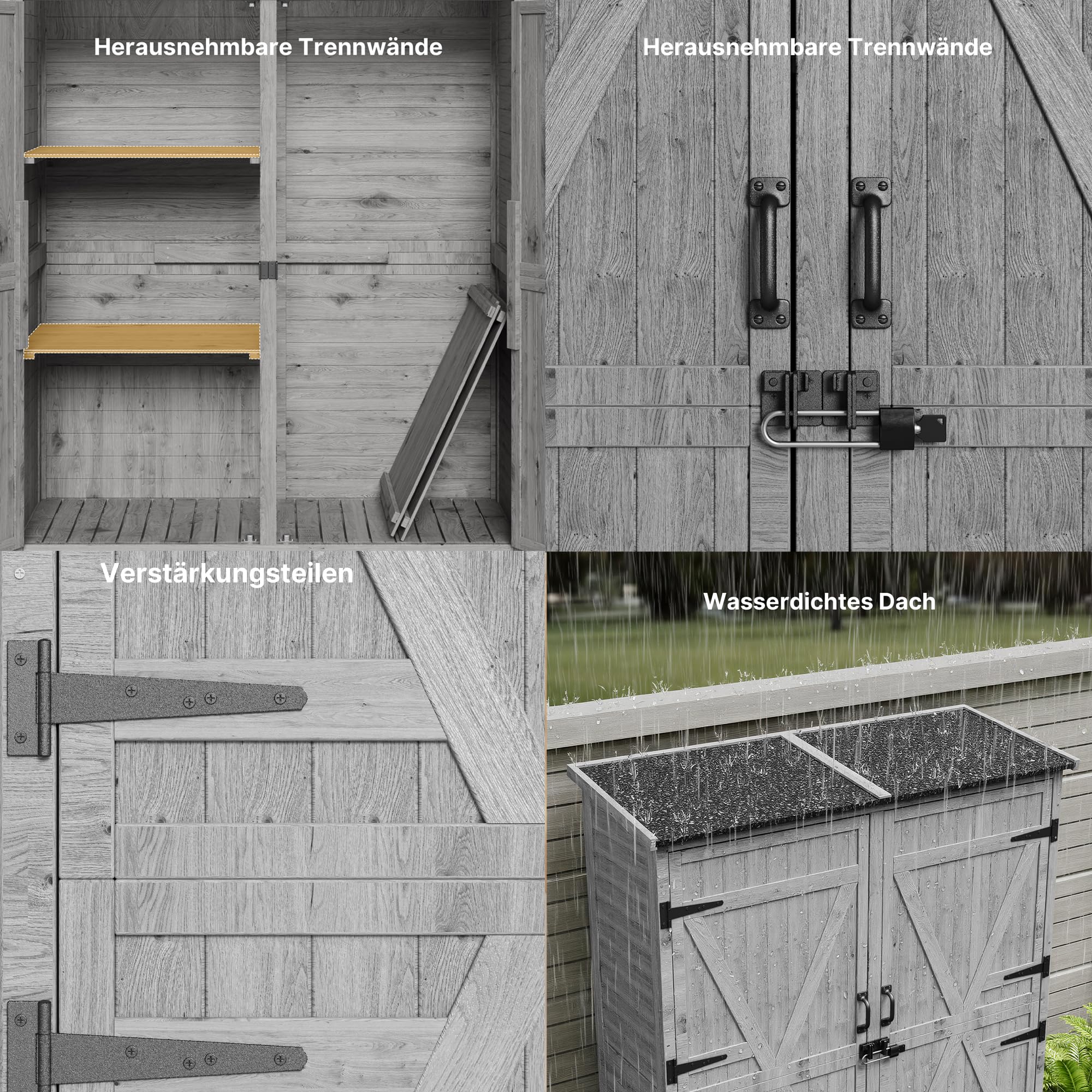 Gartenschrank Holz, Outdoor Geräteschrank, Gerätehaus mit Tür, Böden, Geräteschrank, Gartenhaus, Gartenschuppen für Garten, Terrasse & Balkon, 140x44x162cm, Grau
