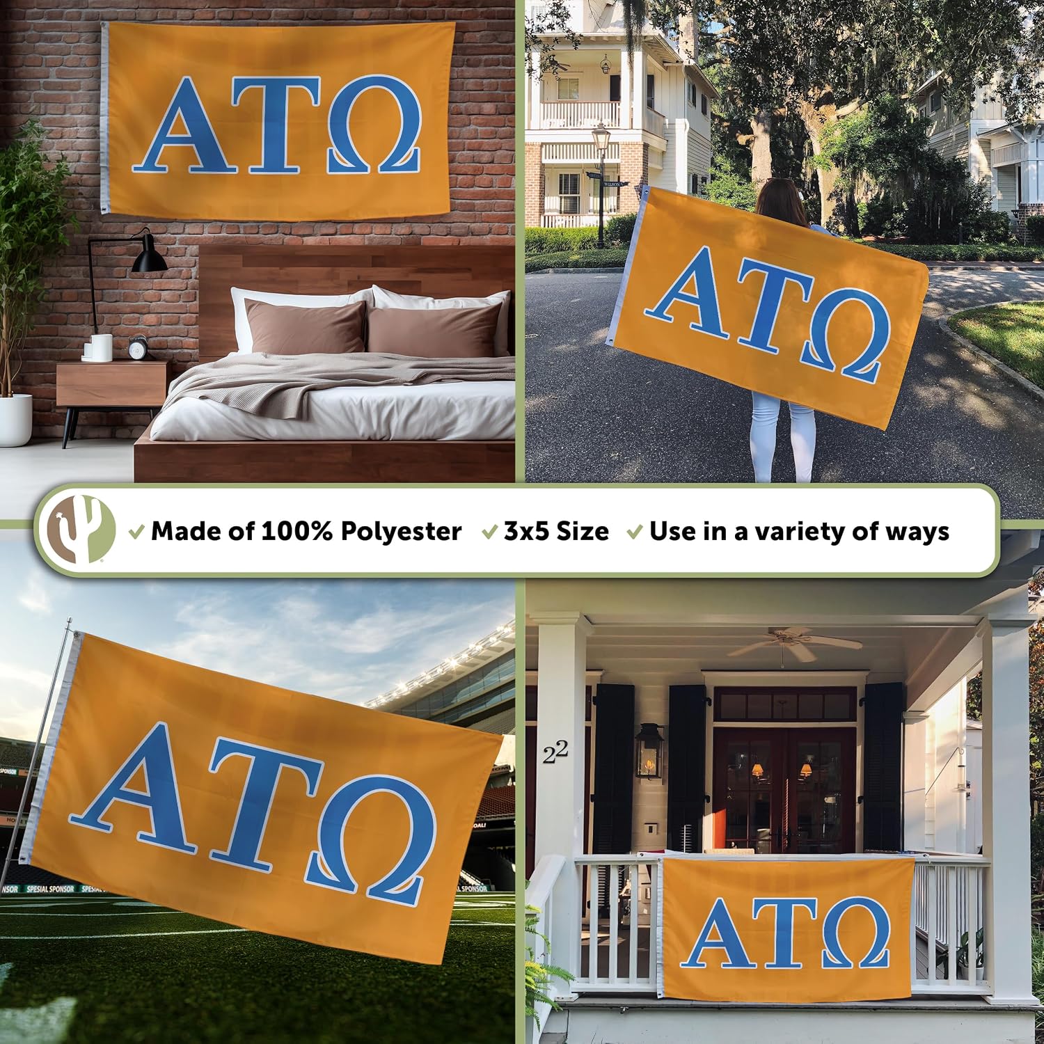 Desert Cactus Alpha Tau Omega Flag letter Fraternity Greek Letter Use as a Banner Large 3x5 feet Sign Decor ATO
