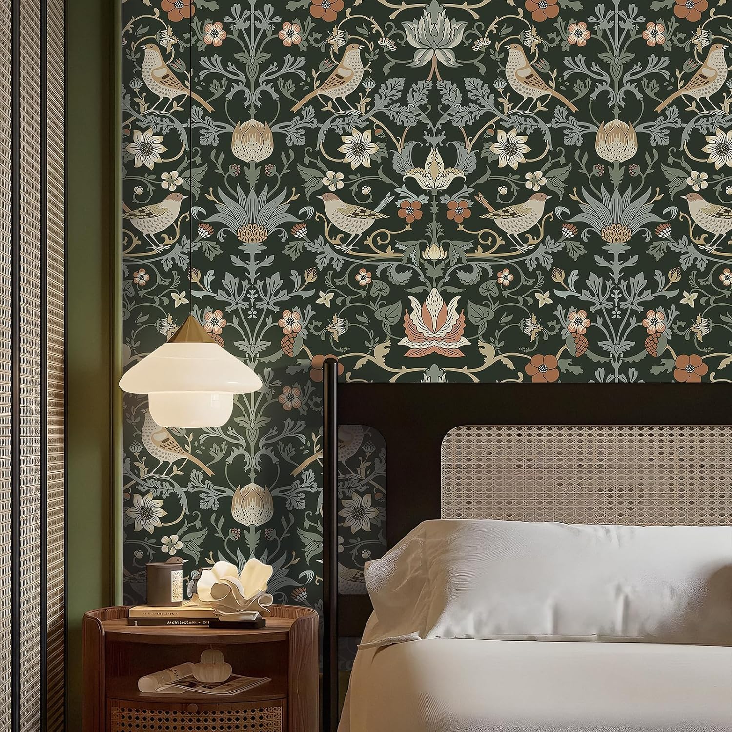 Livelynine 17.5x591 Vintage Peel and Stick Wallpaper William Morris Green Black Antique Victorian Wall Paper for Bathroom Waterproof Self Adhesive Botanical Dark Floral Contact Paper for Furniture