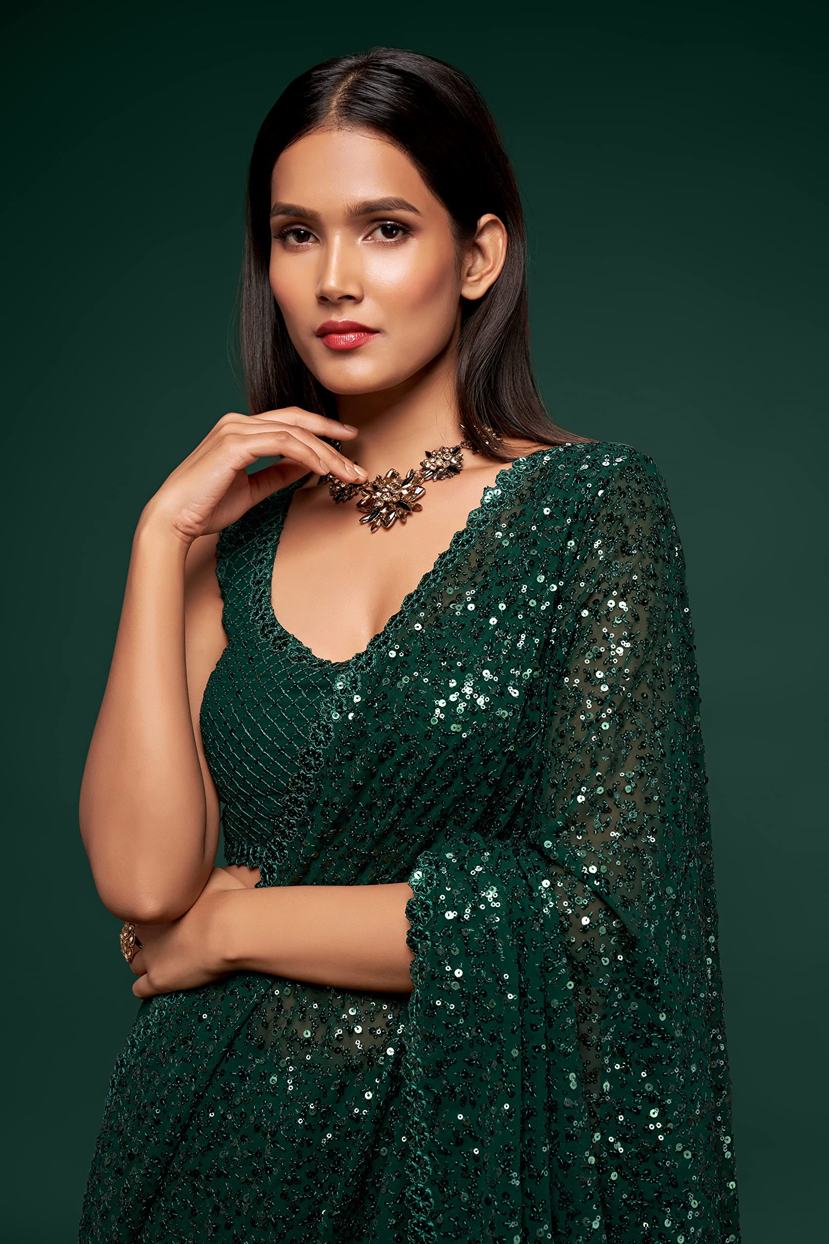 Zeel Clothing Women's Dark Green Sequins Work Heavy Georgette Saree with Blouse (1008-Deep-Green-Sequins-Party-Saree, Deep Green) 2