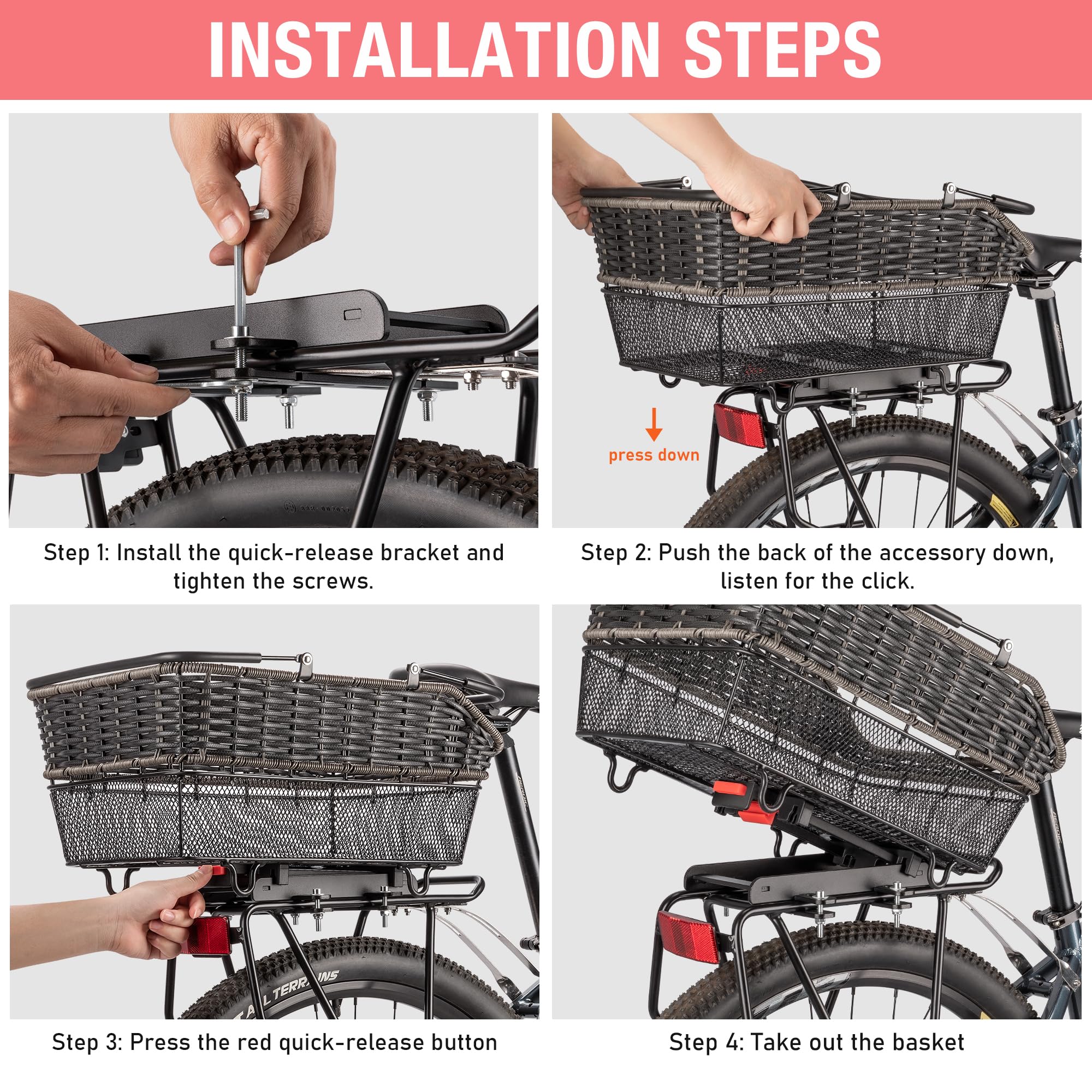 CXWXC Panier arrière de vélo avec poignée – Panier arrière de vélo à dégagement rapide avec filet de chargement et housse imperméable, paniers arrière en fil métallique de grande capacité