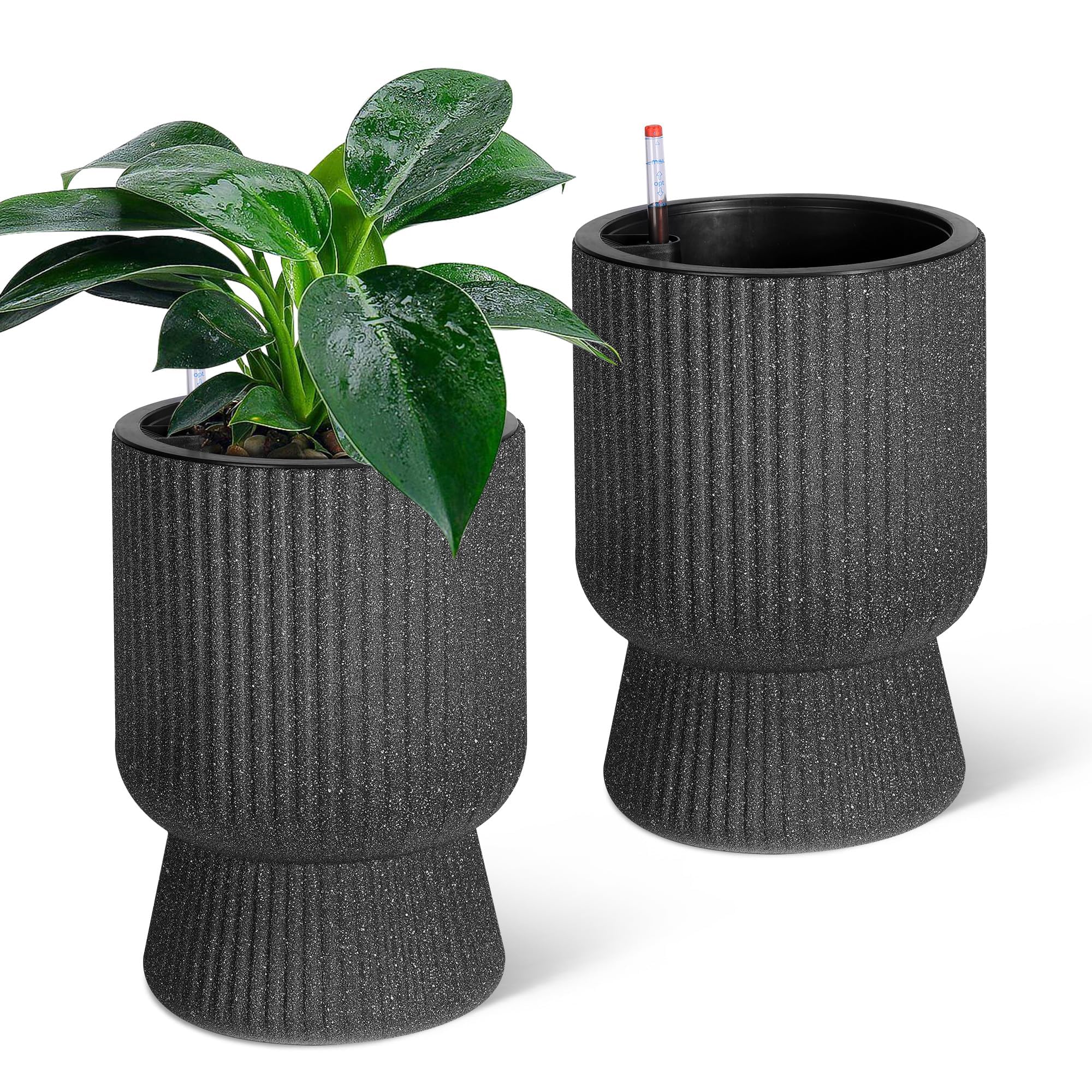 Garvee Lot de 2 Grands Pots de Fleurs 36 cm Auto-irrigants – Drainage & indicateur de Niveau d’Eau – Idéal intérieur, terrasse, Balcon, Bureau – Noir, Sandblasting