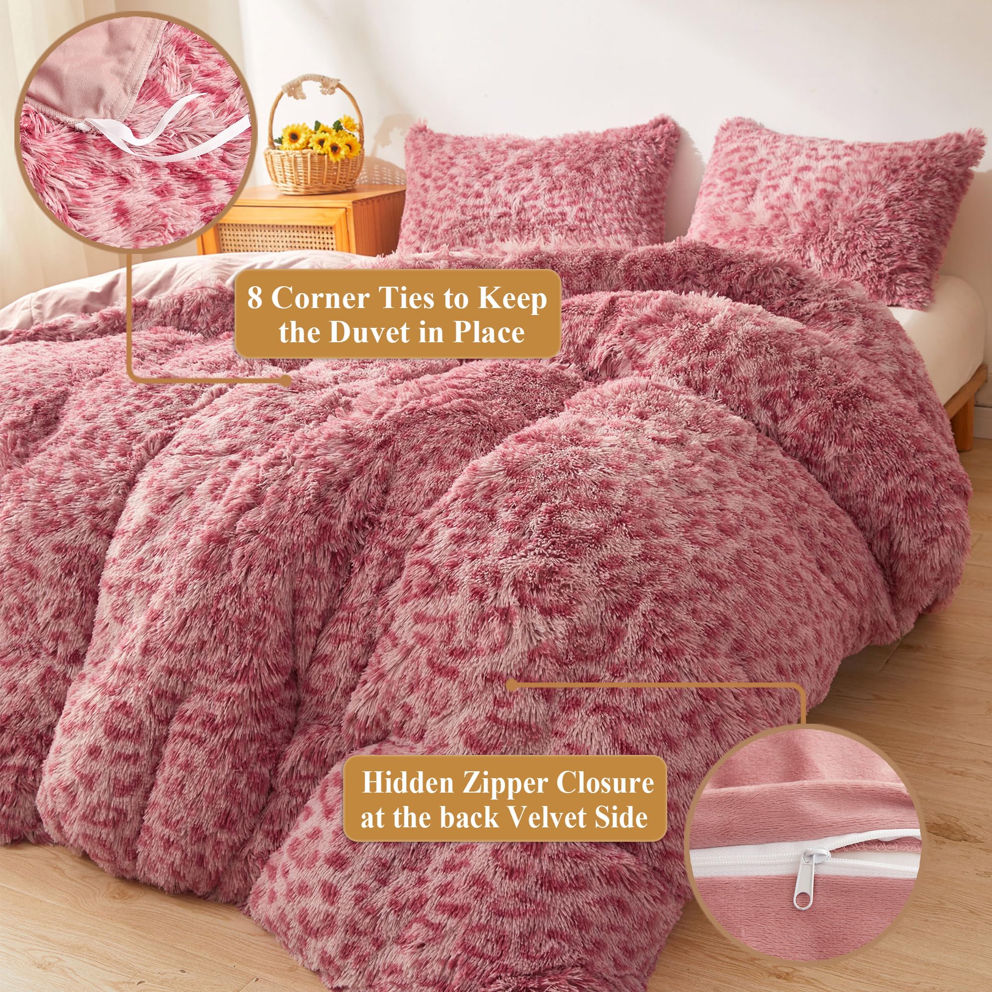 XeGe Tiger Print Fluffy Faux Fur Duvet Cover Set, 3 Pieces Soft Plush Shaggy Fuzzy Bedding Set(1 Farmhouse Comforter Cover + 2 Furry Pillow Cases), Zipper Closure(Queen, Tiger Print Brown): Queen Cheetah Print Pink