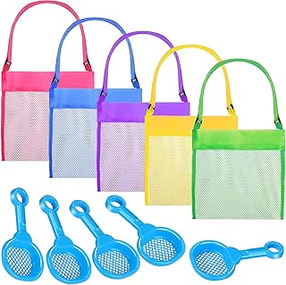 10 Pieces Shell Bag Mesh Seashell Bags Colorful Shell Collecting Bag Mesh Beach Bags with Sand Sifter Shovels Treasures Beach Toy Storage Kids