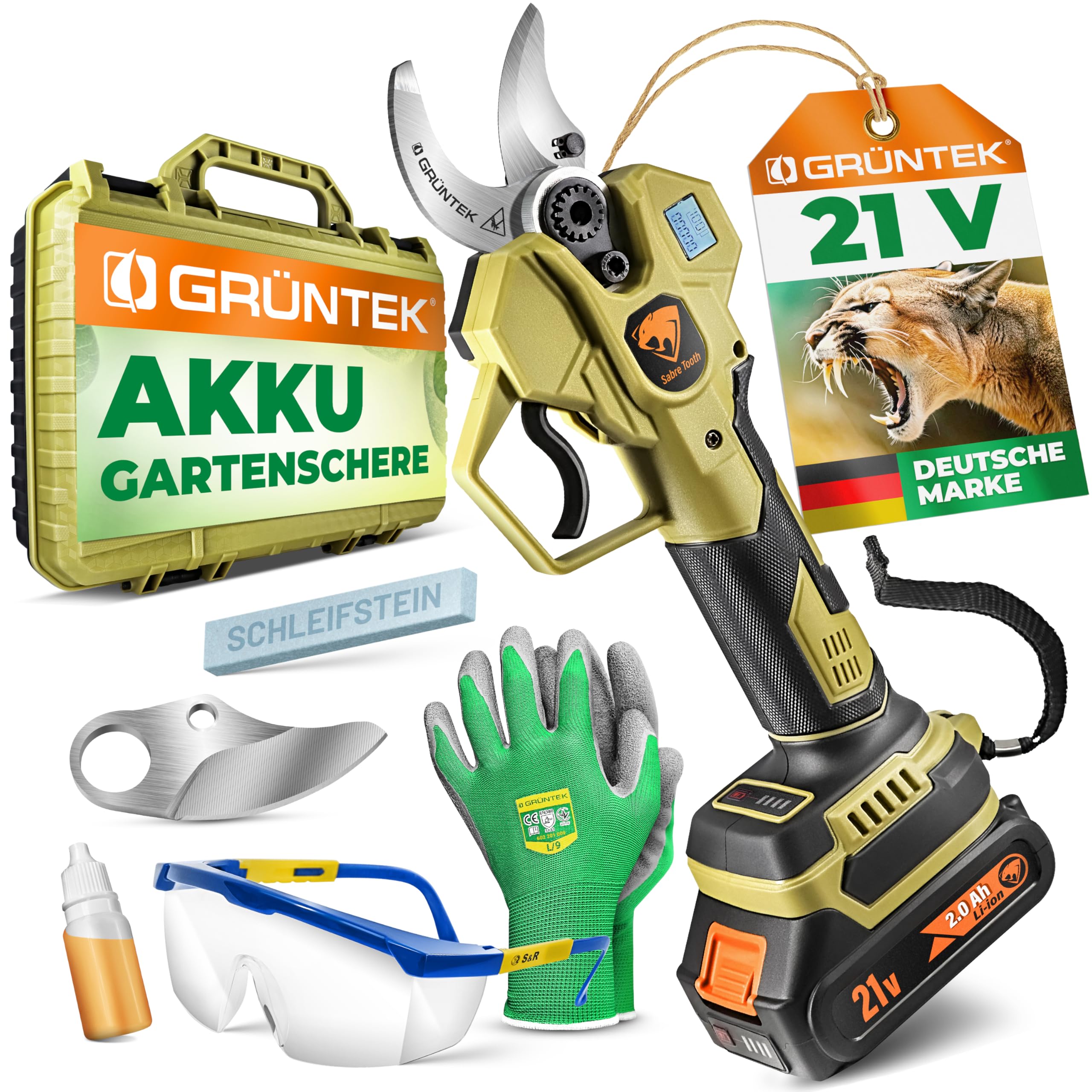 GRÜNTEK Akku Astschere 21V 2Ah Brushless, Elektrische Gartenschere Akku bis 30mm, 400W Bürstenloser Motor SK5 Klinge Makita-Kompatibel, Koffer Komplett-Set Baumschere Akkuschere