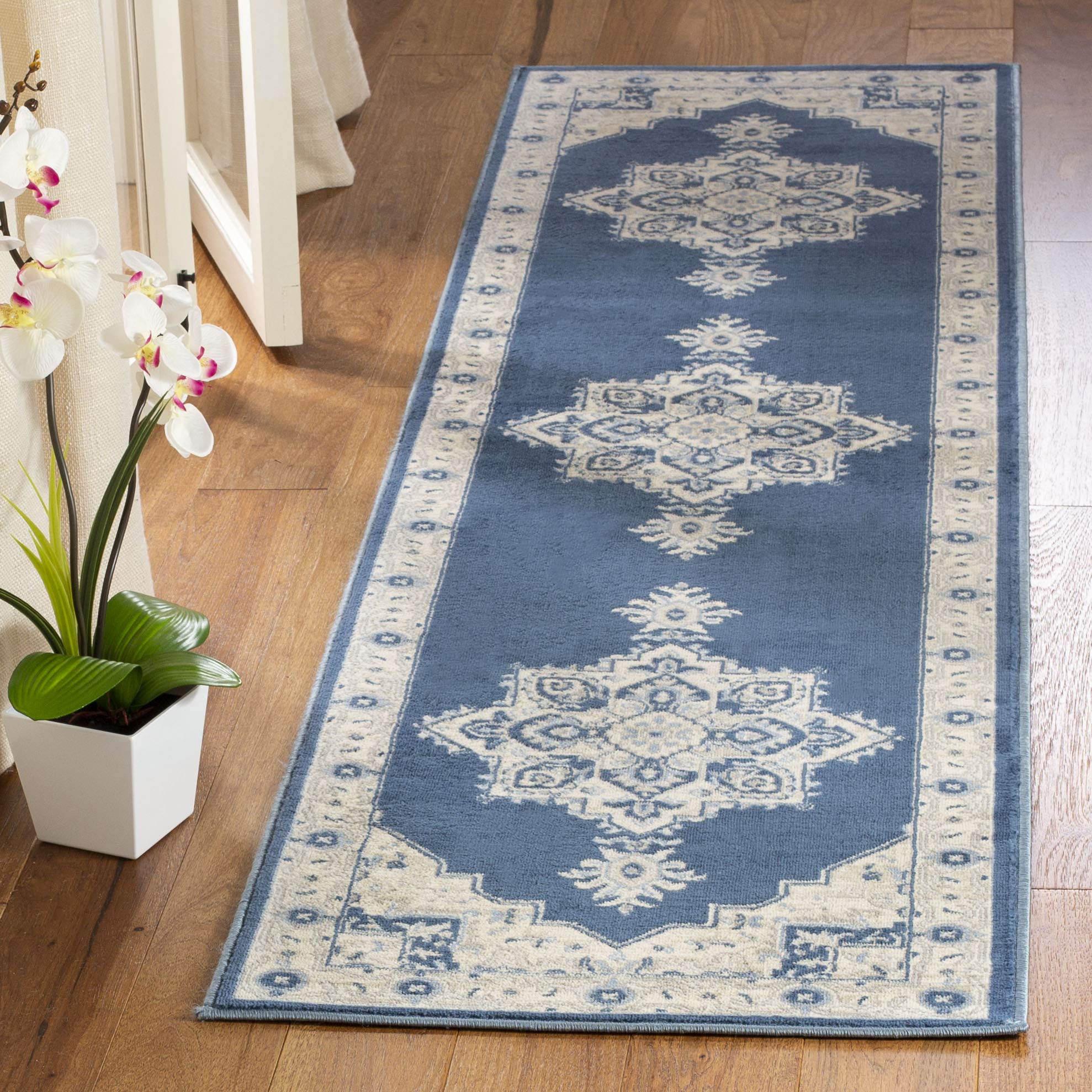 SAFAVIEH Brentwood Collection Runner Rug - 2' x 14', Navy & Cream, Medallion Distressed Design, Non-Shedding & Easy to Clean, Ideal for Hallway, Foyer