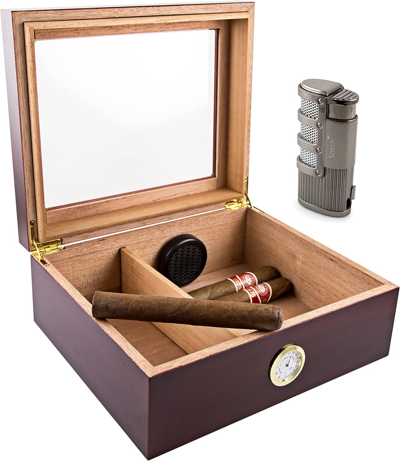 Scorch Torch 25-50 Cigar Humidor Humidifier & Olympus Triple Jet Flame Butane Torch Cigarette Cigar Lighter Combo Set with Punch Cutter Tool
