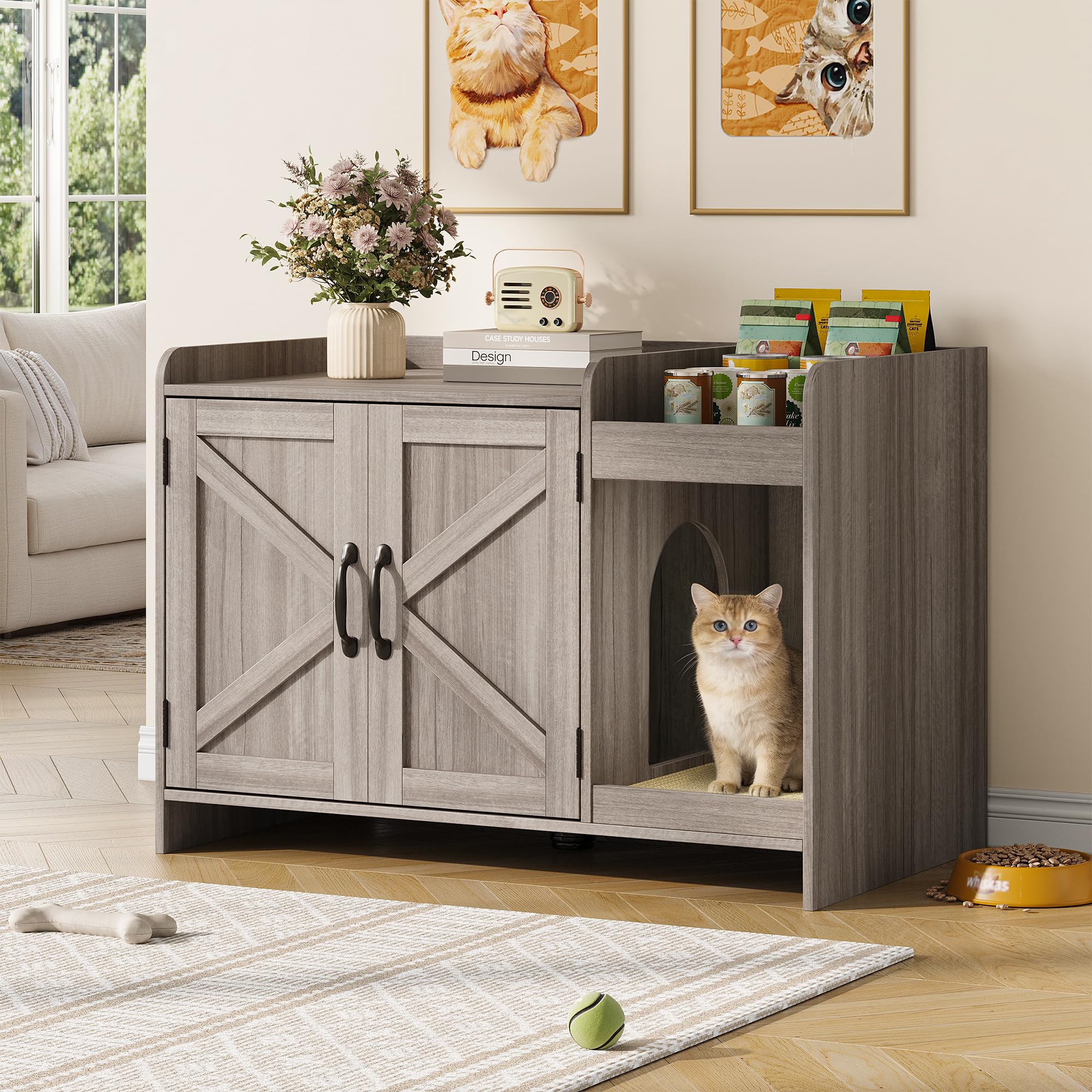 Halitaa Cat Litter Box Enclosure, Hidden Litter Box Furniture with Scratch Pad and Storage, Modern Indoor Cat House with Divider, Side End Table, Grey