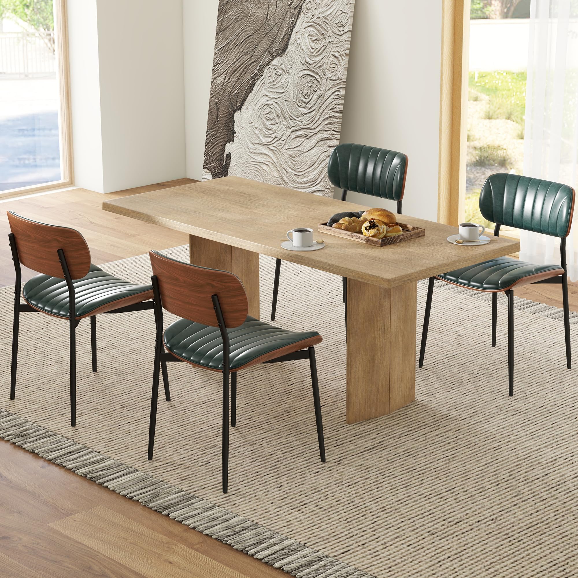 HENGJIANYI Bentwood Dining Chairs Set of 4, Modern PU Leather Dining Room Chairs with Metal Legs, Mid Century Upholstered Kitchen Chairs with Curved