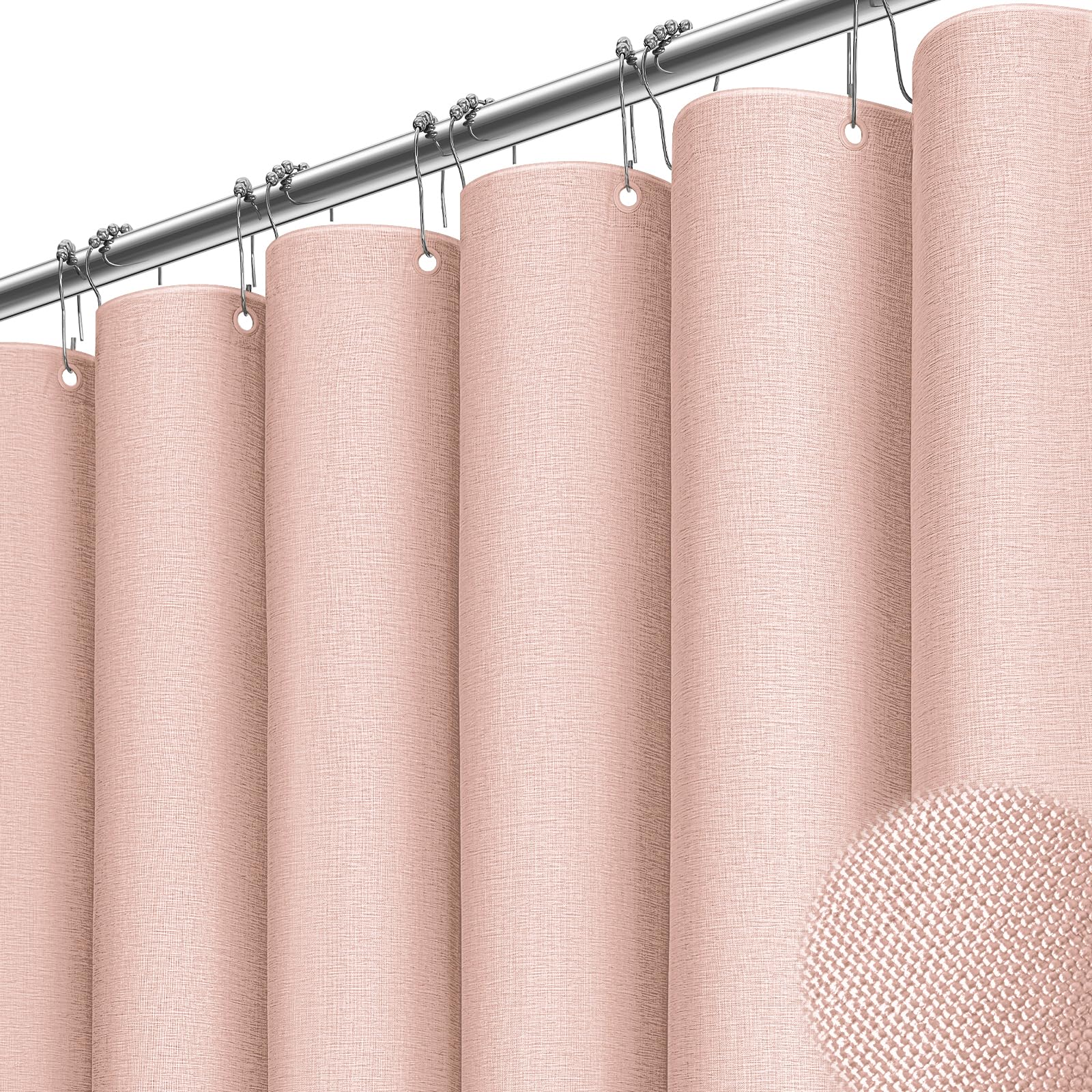 BTTN 54x78 Linen Textured Waterproof Thick Fabric Shower Curtain Set, Blush
