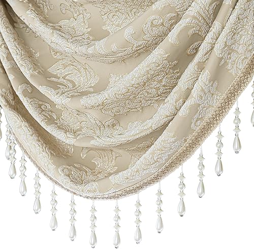 Miniatura 4 de Loom and Mill Cenefa de cascada de jacquard de lujo para sala de estar, elegantes cenefas de ventana de damasco con cuentas, cortinas beige para