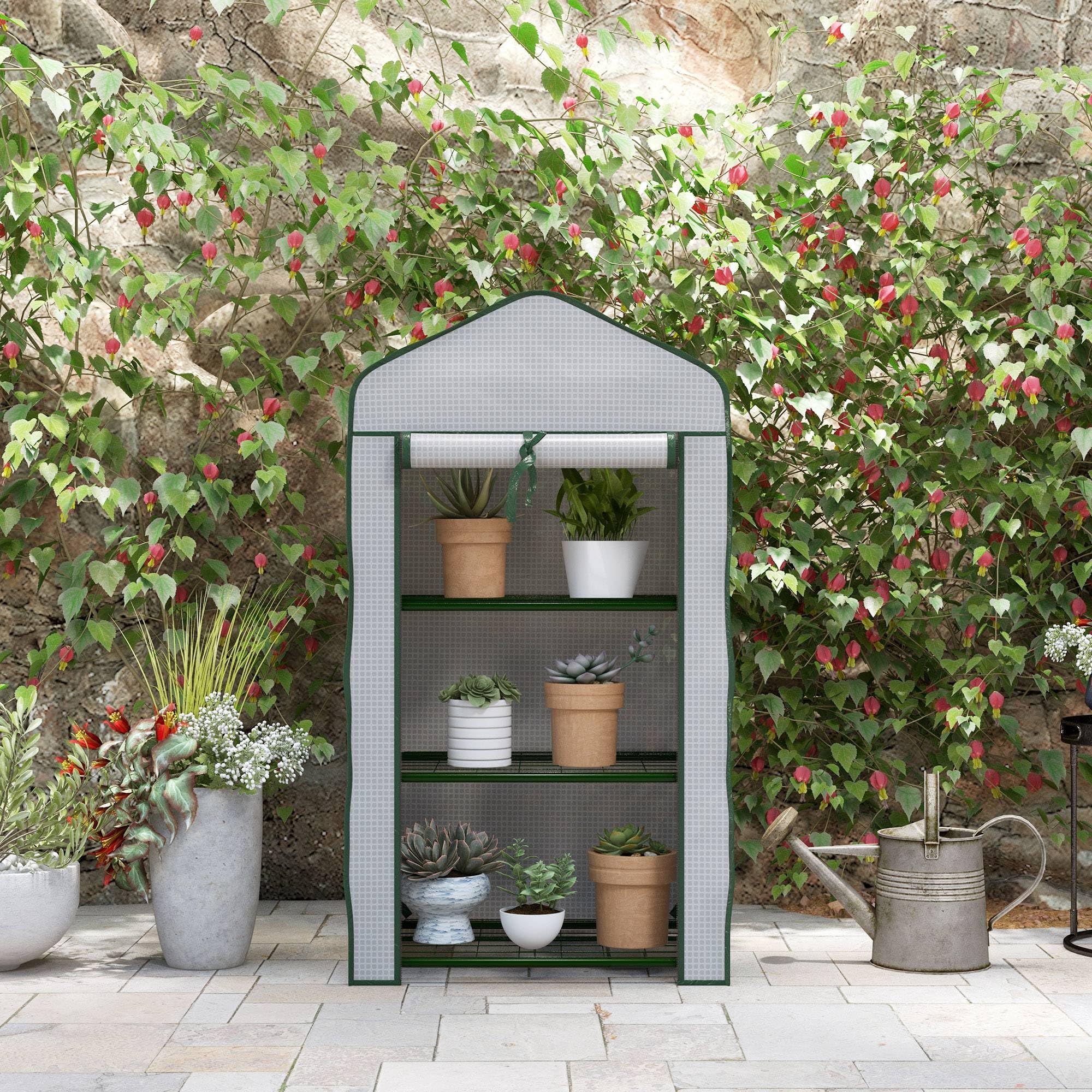 Outsunny Serre de Jardin avec étagères 3 Niveaux, Serre de Balcon, bâche renforcée PE, châssis en Acier, Porte zippée Enroulable, pour légumes Plantes Fleurs, 59 x 39 x 127 cm, Blanc