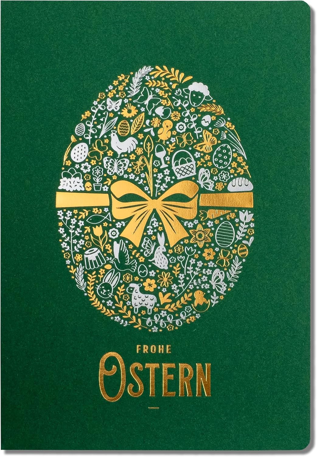 Exclusive Easter Cards - Set of 10 Manual Cards in Green 120 x 170 mm, Gold-Plated and Embossed Easter Motifs Made from Matte Jewellery Paper, with Beige Inserts and envelopes