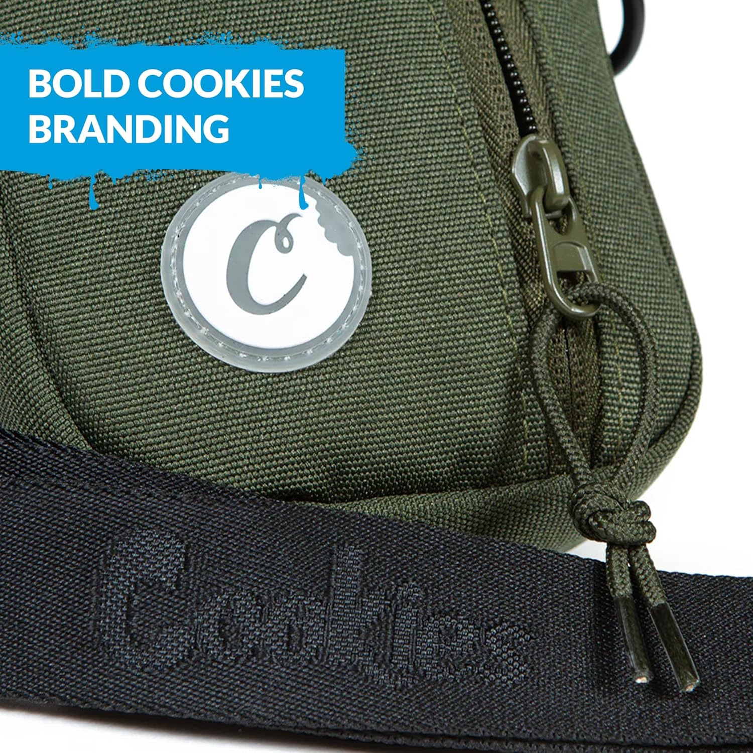 COOKIES Core Shoulder Bag – Smell Proof Crossbody Bag with Adjustable Strap, Multi Pocket Storage, Durable Nylon Construction, Double Zippers, Stylish Streetwear Travel Bag for Men & Women – Olive