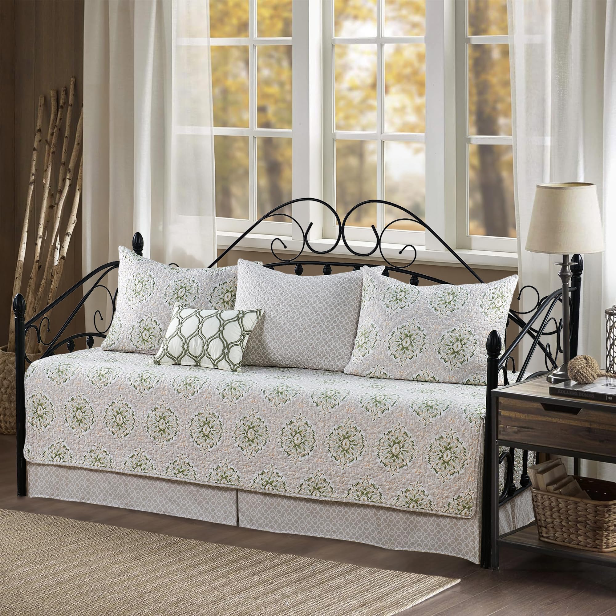 6 Piece Reversible Microfiber Medallion Gray Printed Daybed Cover Set, All Season Luxury Bedding with Bedskirt, Matching Shams, Decorative Pillow, 75"x39", Bloom
