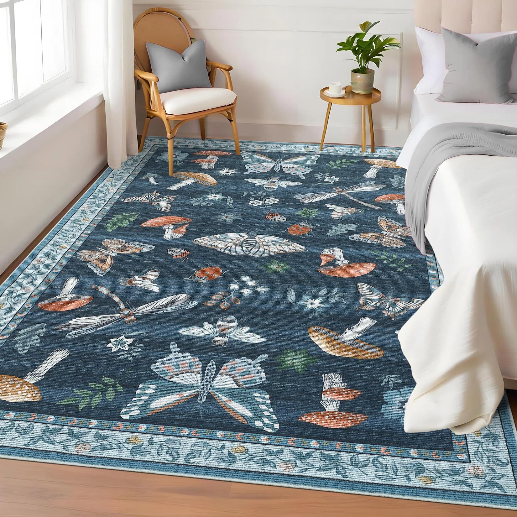 CAROMIO Washable Mushroom Butterfly Rug 120x170 cm for Bedroom Navy Blue