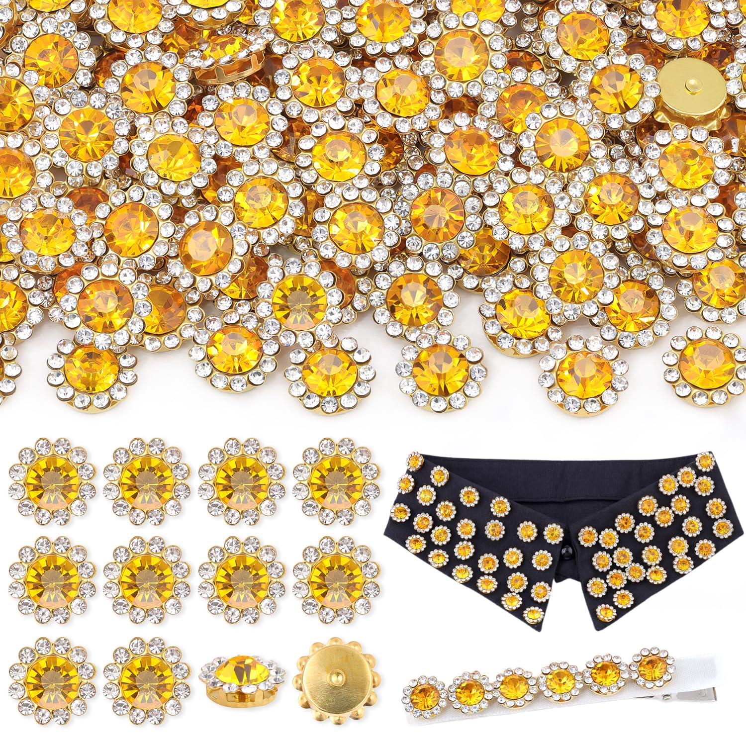 150 PCS 12 MM Sew on Rhinestones for Bedazzling,Citrine Crystal Glass Flatback Rhinestones for Crafting,Big Gems with Metal Base, Large Rhinestone for