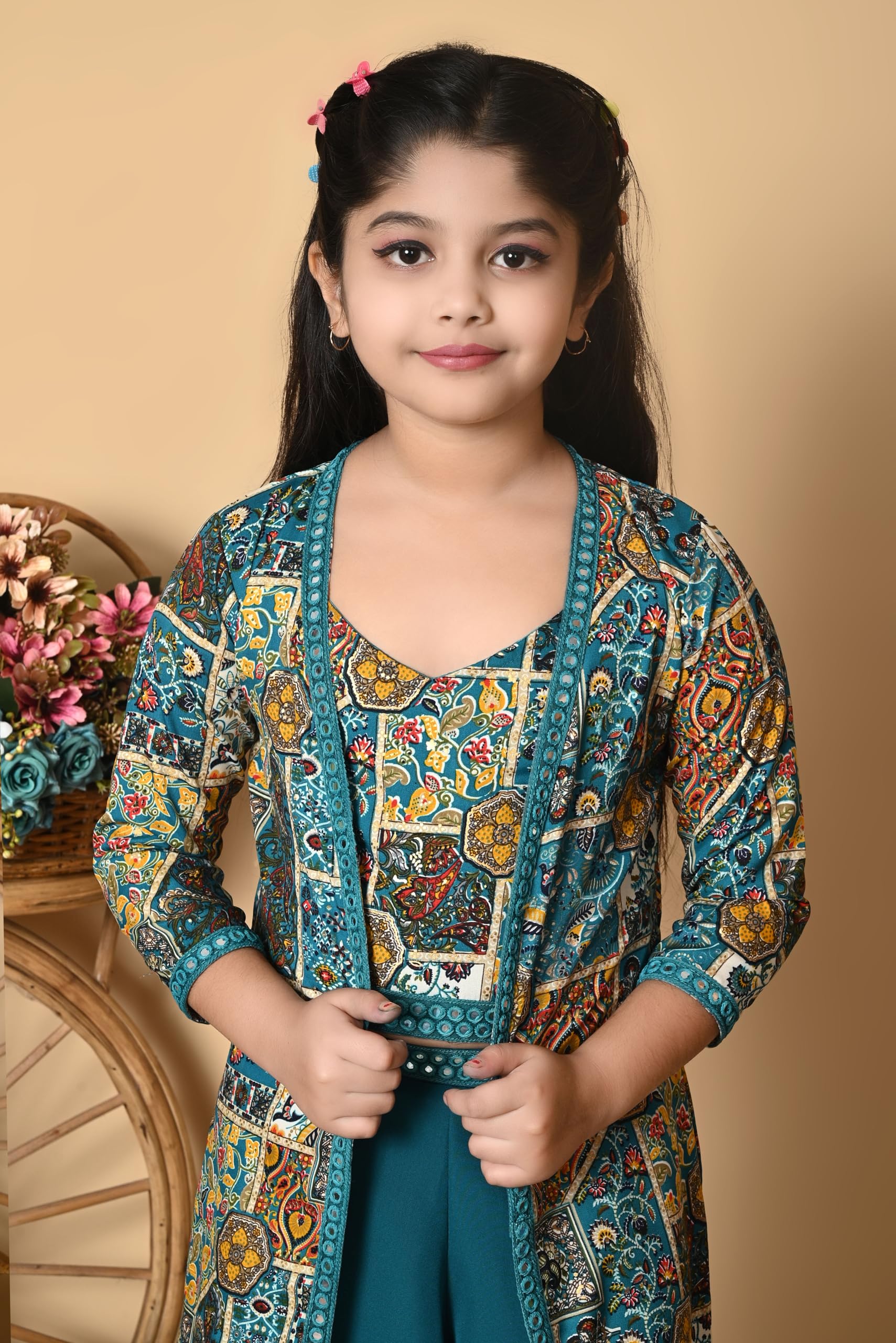 SPAMitude - Girls Self Designed Premium Cotton Blend Top Pant Jacket | 3pcs Party Dress for Girls I V Neck Stylish Sleeve Design Dress for Birthday Girl (Green, 11-12 Years) - Image 5 thumbnail