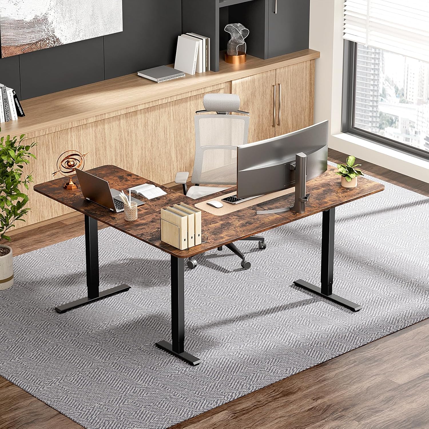 63 x 55 inch Electric Corner Desk L Shaped Standing Desk Adjustable Height with 4 Memory Preset, 2 Headphone Hook, Home Office Desk, Rustic Brown