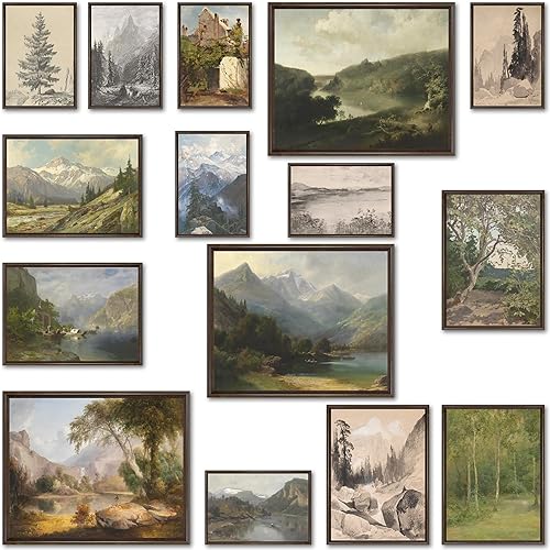 LANCHI95 15 piezas de decoración de pared vintage, impresiones artísticas vintage, impresión rústica de galería, pintura de paisaje de naturaleza de