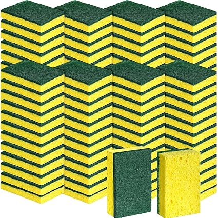 Yaomiao 96 Pcs Scrub Sponges Kitchen Heavy Duty Dual Side Dish Sponges for Washing Dishes Non Scratch Dishwashing Sponge with Tough Scouring Pad Ideal for Kitchen Household Cleaning (Green, Yellow)