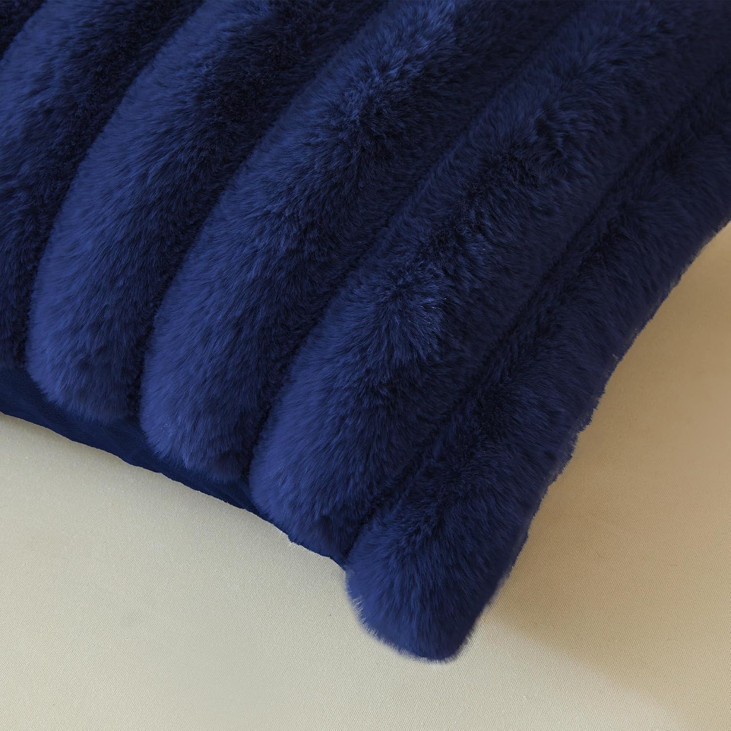 MEGO Pack of 2 Fluffy Faux Rabbit Fur Pillowcases, Soft Striped Plush Fuzzy Bed Pillow Cases with Zipper, Farmhouse Shaggy Furry Ribbed Long Pillow Covers Kids Teens Adults 20x26, Standard, Navy Blue - Image 4