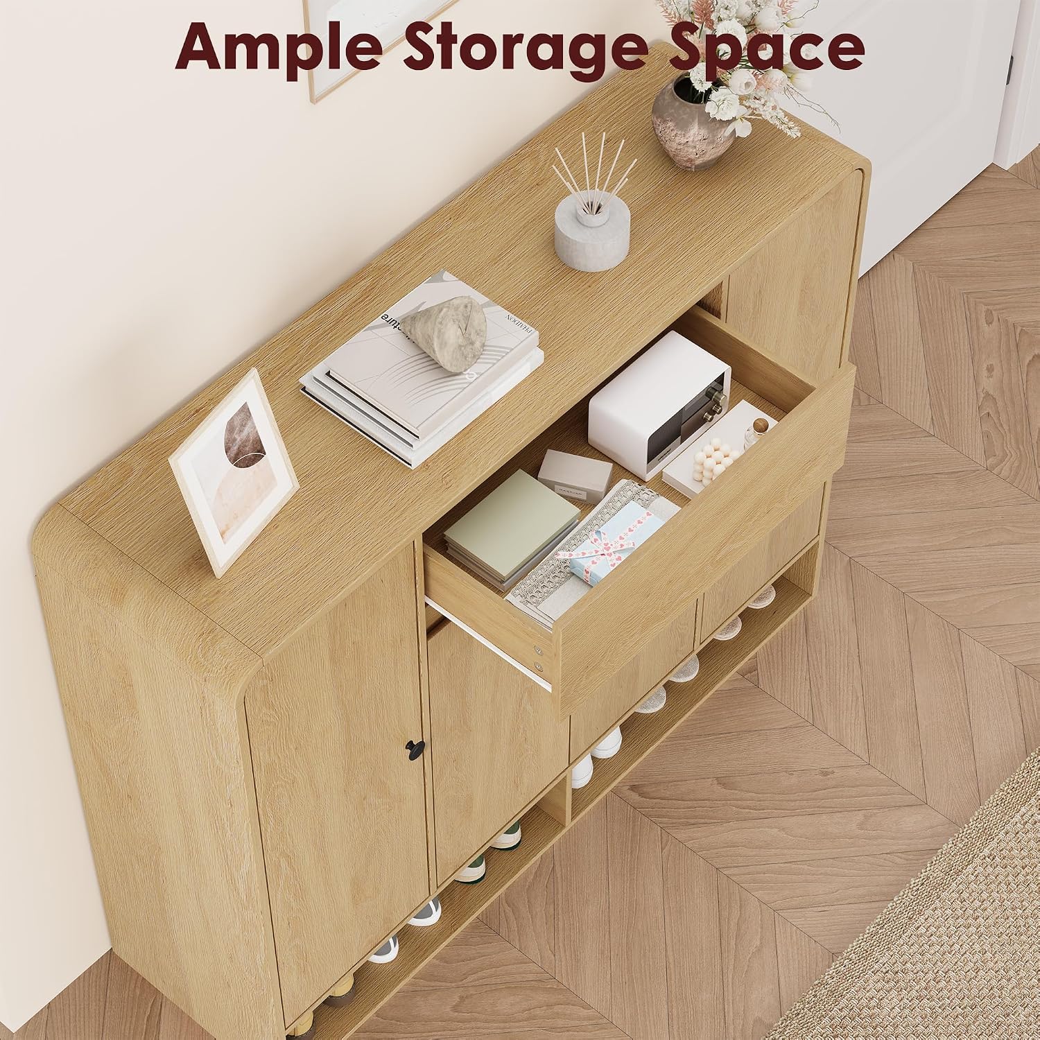 Garvee Shoe Cabinet with 4 Doors and 1 Drawer, Freestanding Wood Shoe Storage Organizer with Open Bottom Shelf, Modern Entryway Shoe Cabinet for Hallway, Foyer, Natural Oak